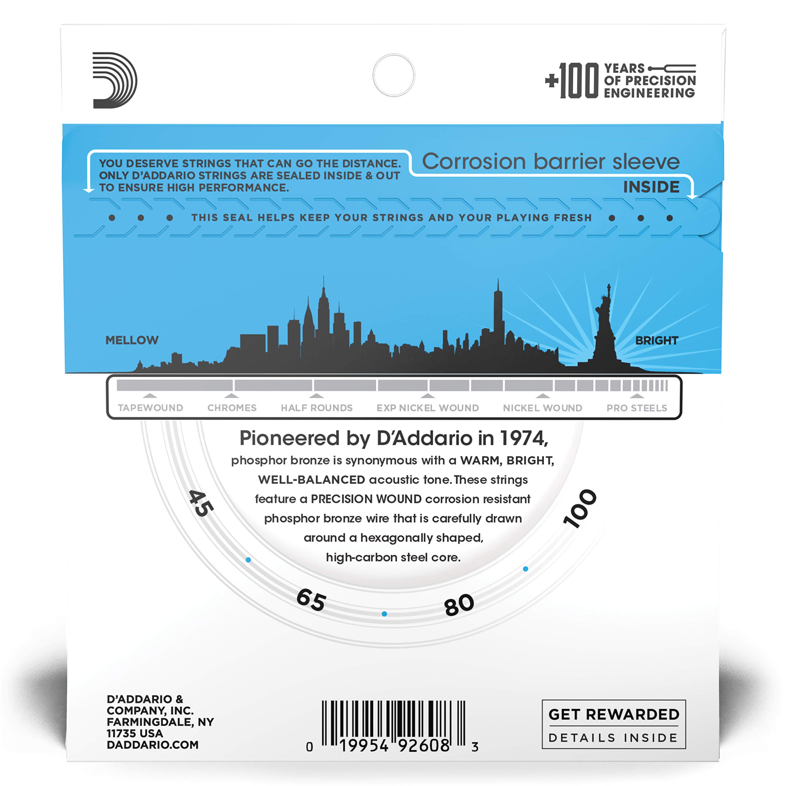 D'Addario EPBB170 Phosphor Bronze Acoustic Bass Guitar Strings (45-100 Gauge) - 4 String Set for Warm Tone & Longevity - Perfect for Studio Recording & Live Performances