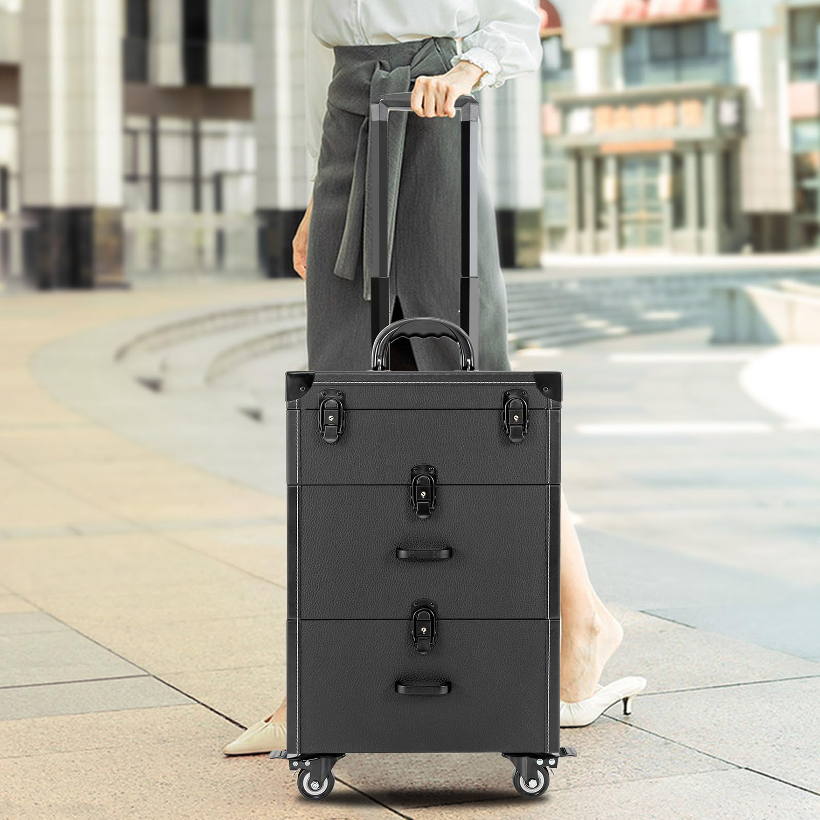 Professional Rolling Makeup Train Case with 4 Wheels & Lock - Portable Cosmetic Organizer for Nail Polish, Jewelry & Travel Essentials (Black) | Perfect for Salon Artists, Mobile Makeup Professionals & Beauty Enthusiasts