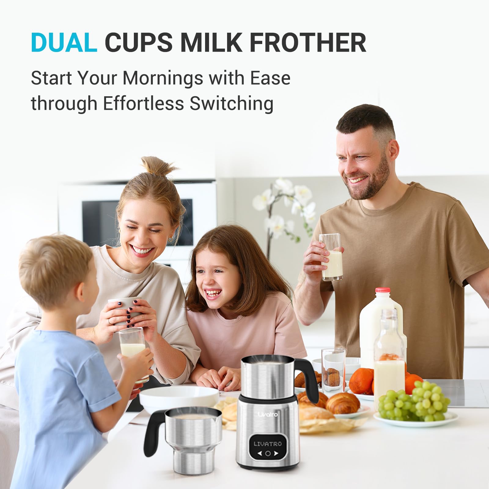 14-in-1 Electric Milk Frother and Steamer with Dual Detachable Cups (21oz & 13.5oz) - IH Fast Heating Milk Warmer for Lattes, Cappuccinos, Hot Chocolate - Smart Memory Function, Dishwasher Safe - Perfect for Home Coffee Bars, Office Use, and Gift Giving