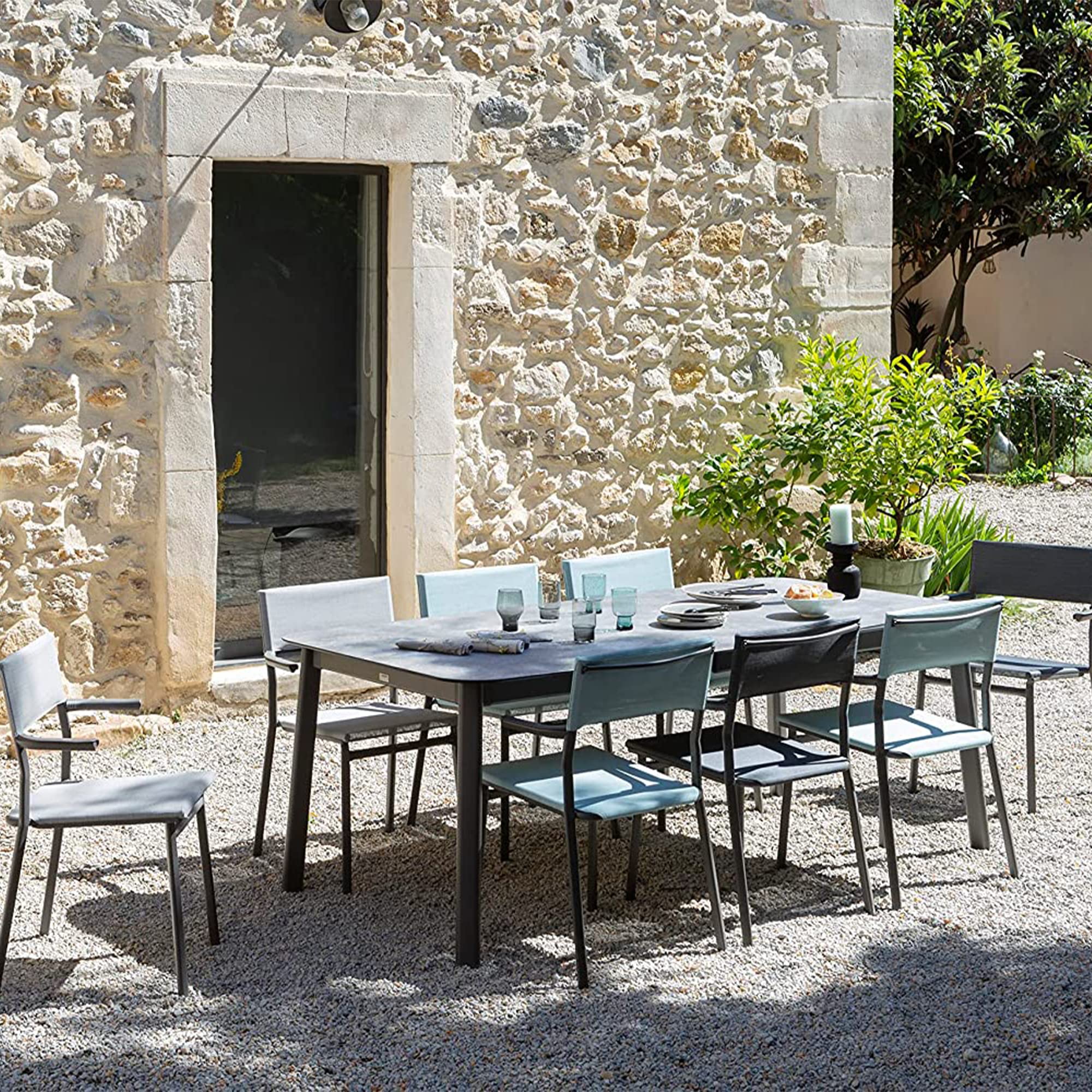 Lafuma ORON Outdoor Dining Armchair Set of 2 - Sand Frame & Mistral Blue - Weather-Resistant Patio Furniture for Garden, Poolside, and Backyard Relaxation