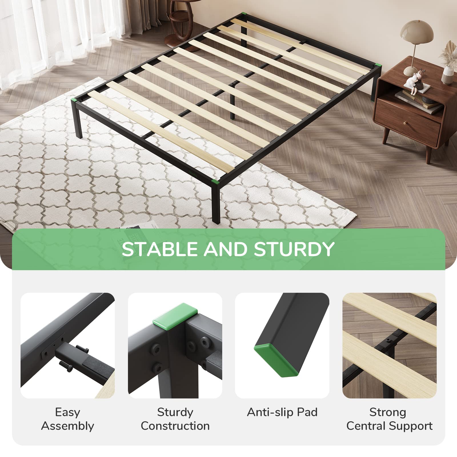 Novilla 14 Inch Full Size Bed Frame with Headboard - Sturdy Metal Platform Bed Frame with Storage Space & Wooden Slats Support - No Box Spring Needed - Easy Assembly in Black - Perfect for Small Bedrooms, Guest Rooms & Apartments