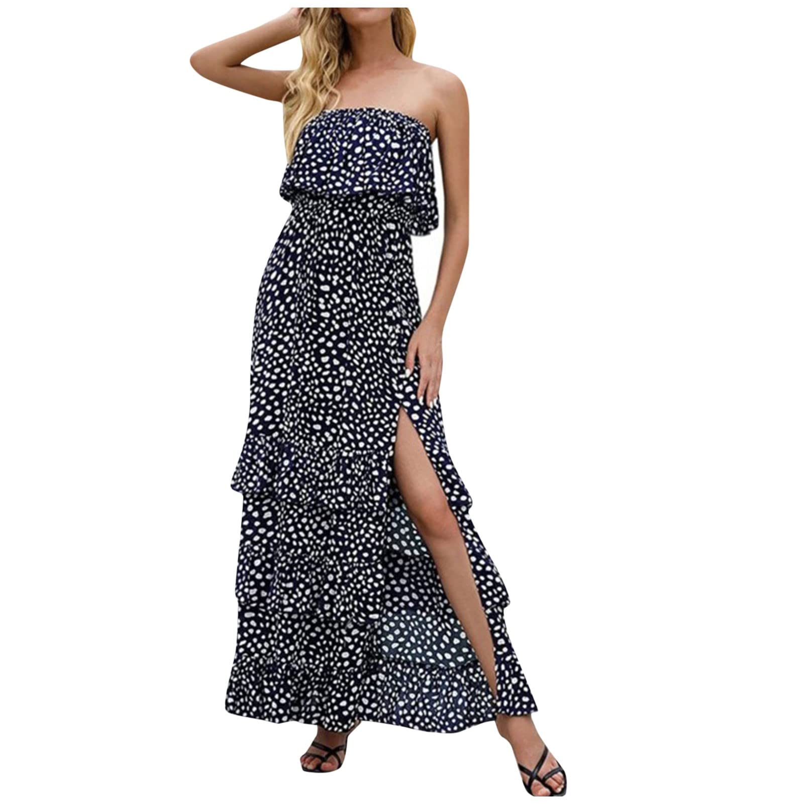 Mebamook Women's Summer Cocktail Dress - Floral Print Tube Top Wrap Dress with High Waist, Ruffle Hem & Thigh Slit | Perfect for Parties, Weddings & Date Nights