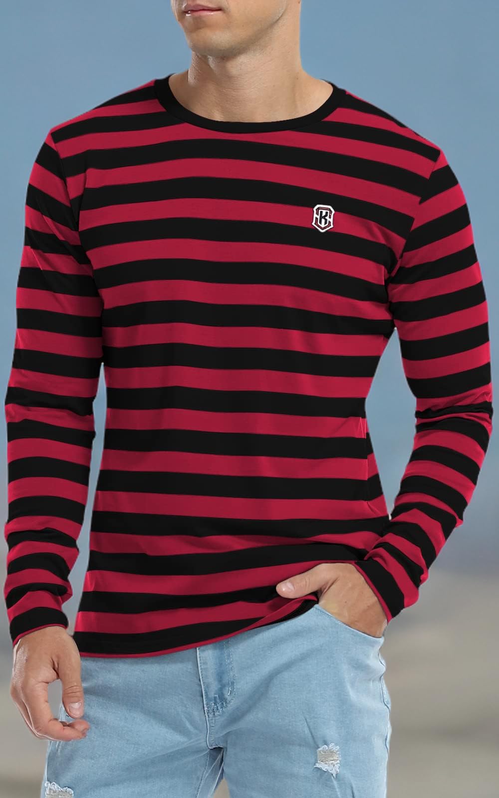 KESIHAN Men's Casual Striped Crewneck Long Sleeve T-Shirt - Basic Daily Work Tee for Office, Weekend & Outdoor Activities