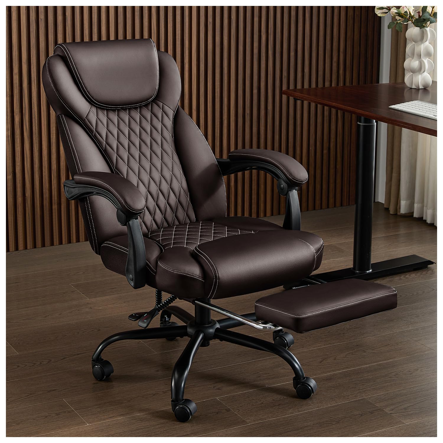 Ergonomic Big and Tall Office Chair with Footrest - High Back Reclining Leather Desk Chair with Lumbar Support (Brown) - Perfect for Home Office, Gaming, and Executive Workspaces