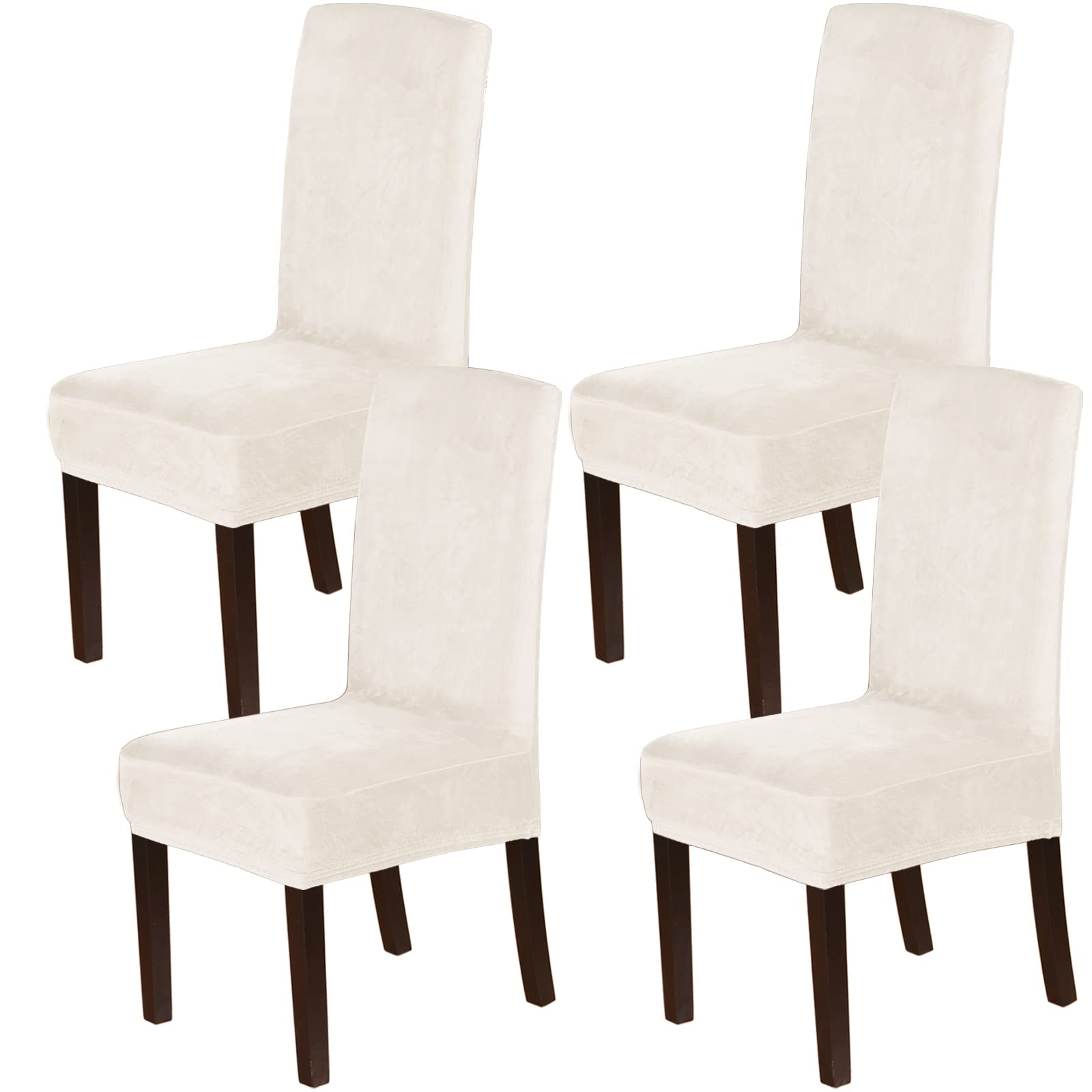 Velvet Stretch Dining Chair Covers Set of 4 - Washable Ivory Slipcovers for Home & Restaurant