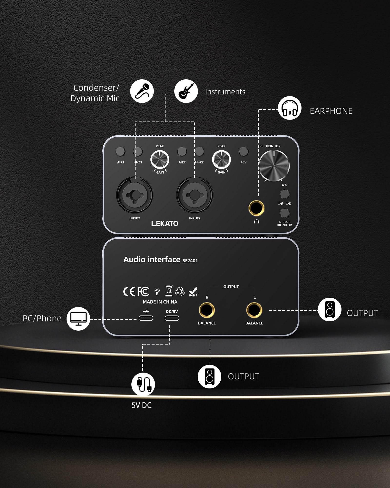 LEKATO 2i2 USB Audio Interface - 24-bit/192kHz Studio Recording Interface with XLR Inputs & 48V Phantom Power for Smartphones, Computers, Guitars, Podcasting & Music Production - Perfect for Home Studios, Live Streaming & Professional Recording Sessions