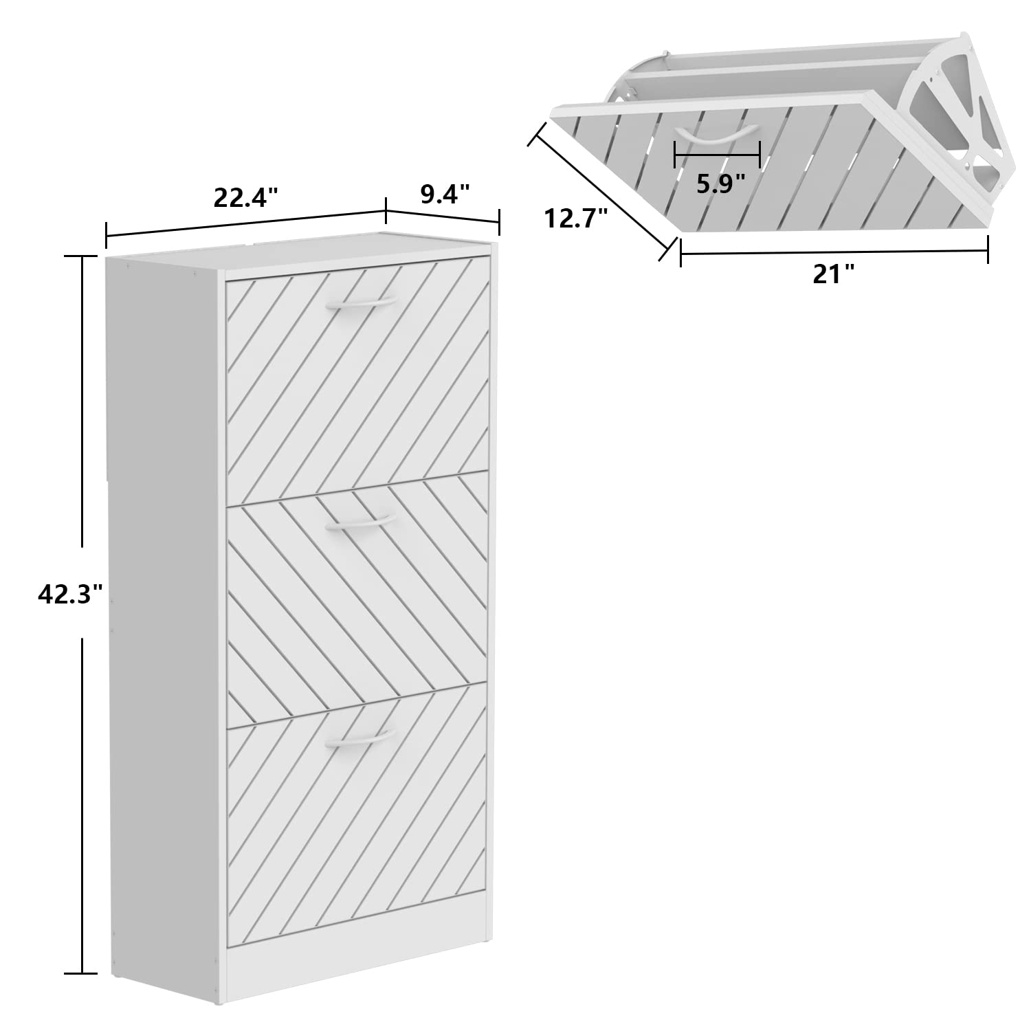 Hitow 3-Tier Shoe Storage Cabinet with Shutter Doors & Adjustable Shelves - Space Saving Narrow Entryway Shoe Organizer for Small Spaces, Freestanding Shoe Rack (22.4