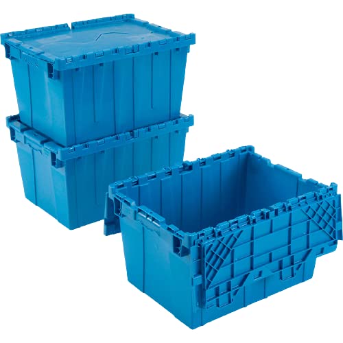 12 Gallon Heavy-Duty Flip Top Storage Tote (4-Pack) - Blue Commercial Plastic Storage Bin with Lockable Metal Hinged Lid - 21