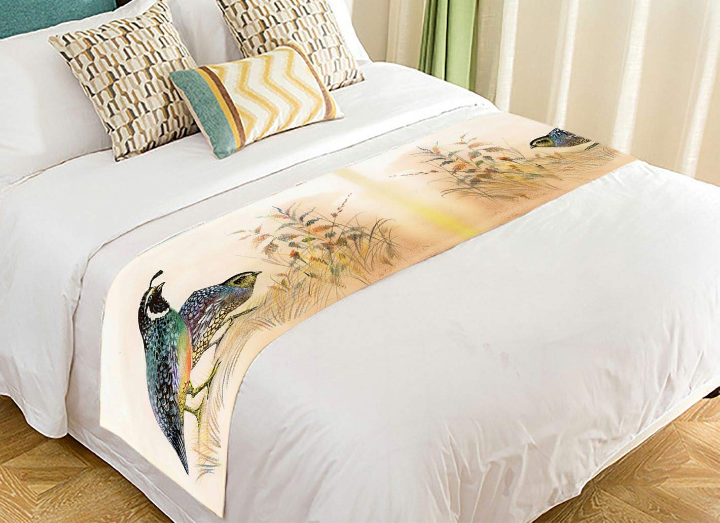 ABPHQTO Watercolor Common Quails Bed Runner - 20x95 Inch Decorative Scarf for Bed, Sofa & Table - Perfect for Boho Home Decor, Wedding Accents & Seasonal Bedding