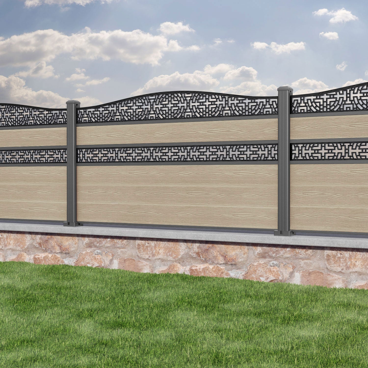 Classic Kumo Curved Top Split Screen Fence Panel - Light Oak Finish with Aluminum Posts - Perfect for Backyard Privacy, Garden Decoration & Patio Partitioning