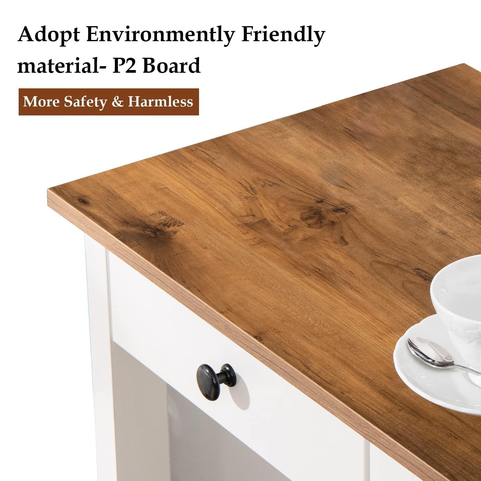 4 EVER WINNER Farmhouse Coffee Cart - Rolling Coffee Bar Cart with Storage Cabinet, Drawer & Adjustable Shelf, White Kitchen Island for Living Room, Dining Room & Kitchen - Perfect for Serving Coffee, Tea, Wine & Breakfast Snacks