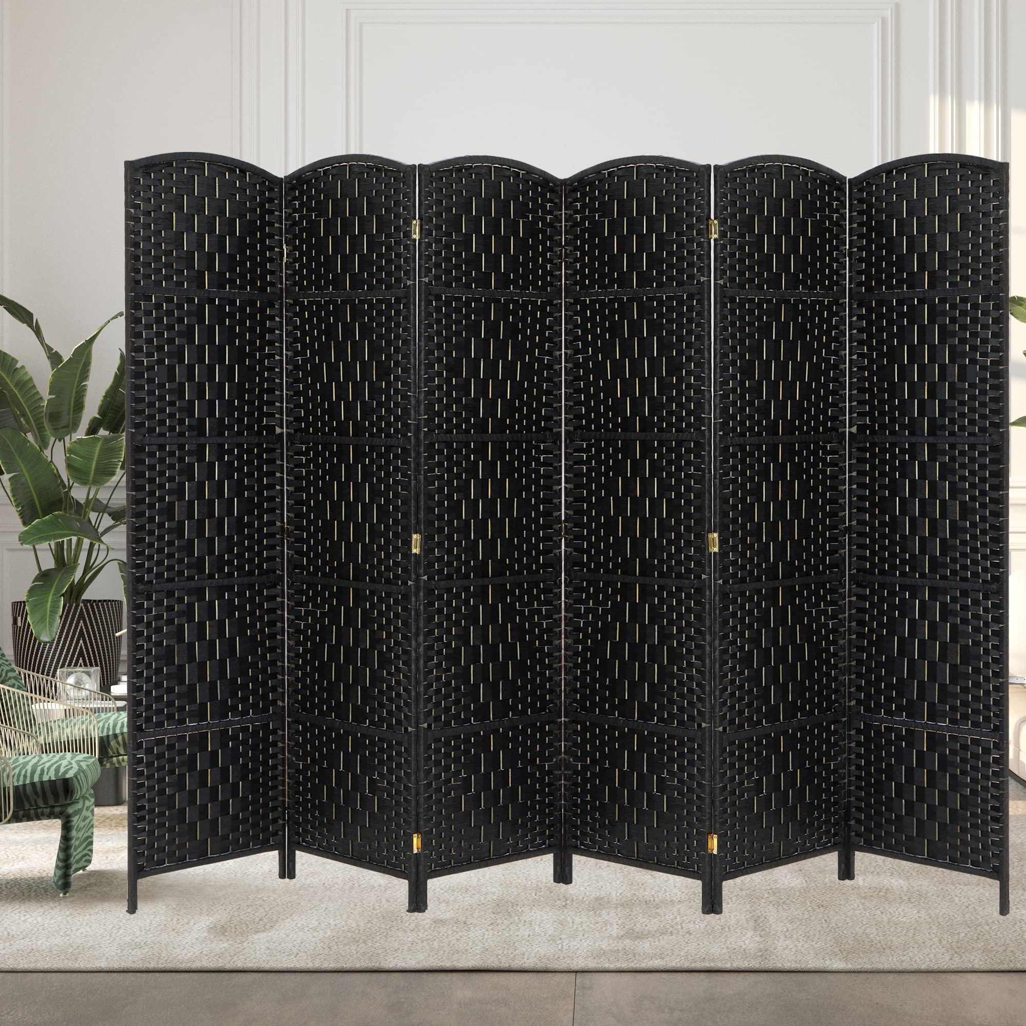 Spurgehom 6-Panel Folding Room Divider - 6Ft Privacy Screen for Home & Office - Portable Woven Partition with Diamond Double-Weave Design - No Installation Required (Black) - Perfect for Creating Private Spaces in Living Rooms, Bedrooms, or Offices