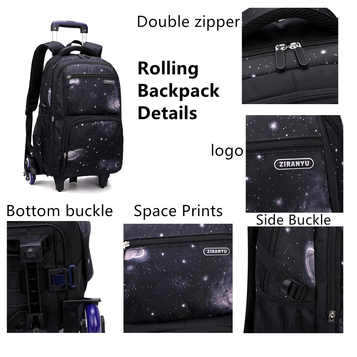 VIDOSCLA Galaxy Rolling Backpack for Kids & Teens - 6-Wheel School Book Bag with Trolley Handle - Perfect for Elementary Students, Boys & Girls - Great for School, Travel & Daily Commute