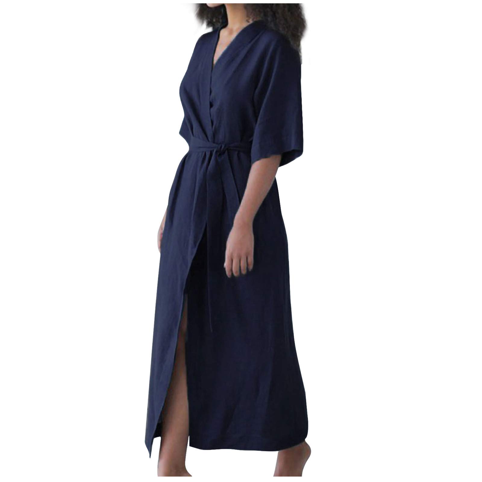 Women's Summer Cotton Linen Dress - Short Sleeve Lace-Up Cardigan Bathrobe Style Dress for Beach Cover Up, Lounge Wear & Casual Outings