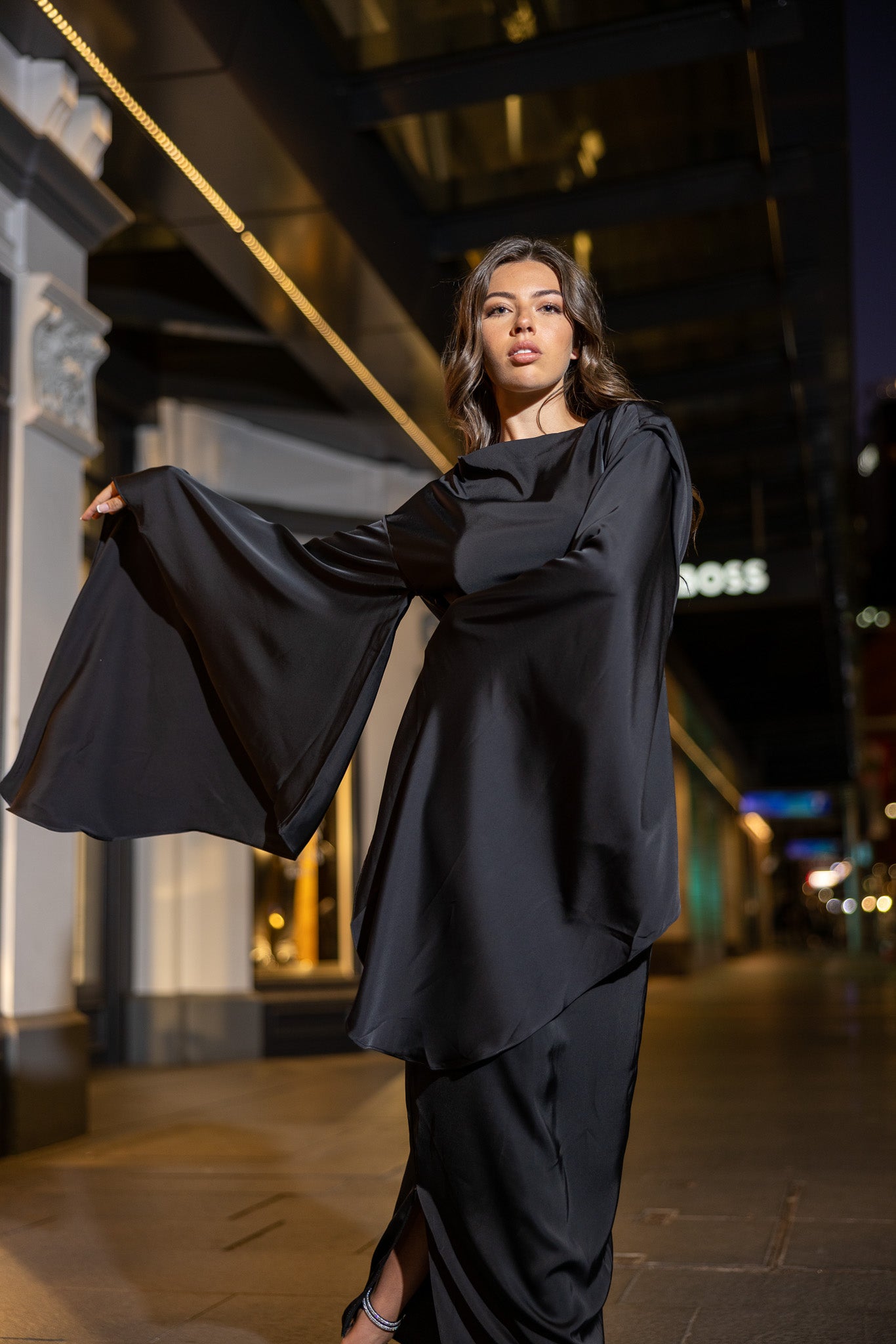 Elegant Crescent Brijit Drape Sleeve Dress for Women - Flowy Long Sleeve Party Gown - Perfect for Weddings, Cocktail Parties & Evening Events