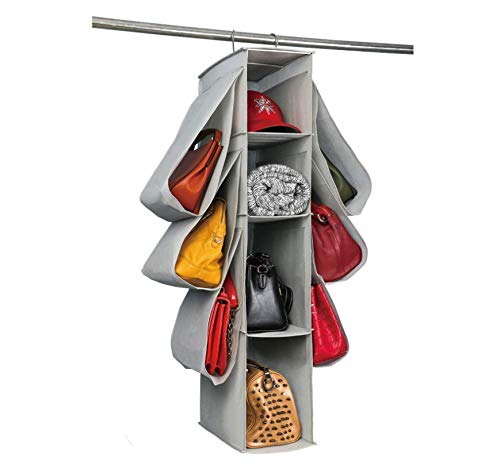10 Grids Hanging Storage Organizer for Closet - Multi-Pocket Handbag Purse Holder with Hanging Shelves, Space Saving Wardrobe Organizer (Gray) - Perfect for Bedroom, Bathroom, and Closet Storage