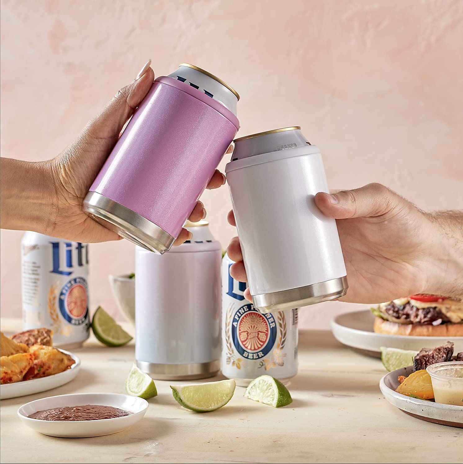 Maars Standard 12oz Stainless Steel Can Cooler for Beer & Soda - Double Wall Vacuum Insulated Beverage Sleeve | 4 Pack (Blush Glitter) | Perfect for Parties, BBQs & Outdoor Events