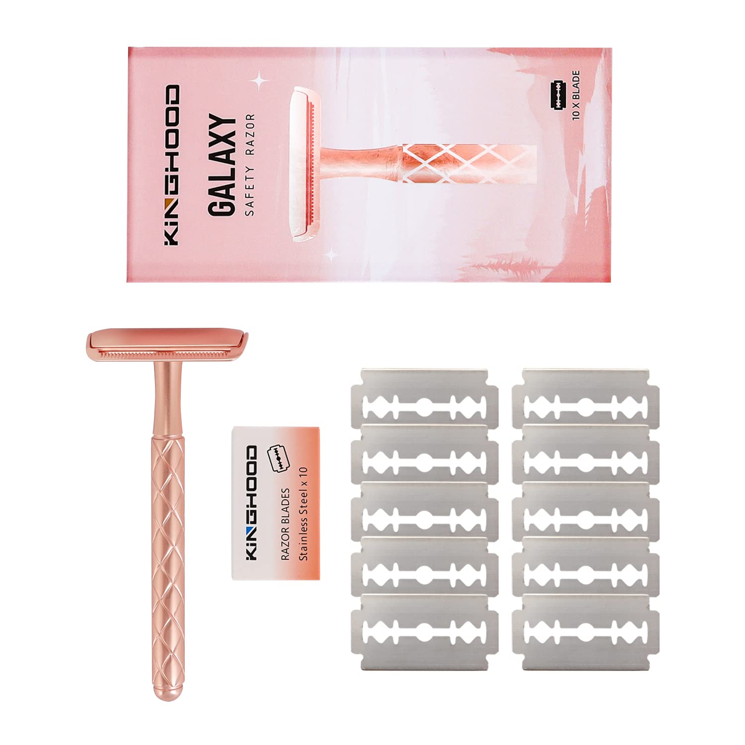 Premium Single Blade Safety Razor for Men & Women - Stainless Steel Rose Gold Razor with 10 Double Edge Blades - Perfect for Sensitive Skin & Close Shaving at Home or Travel