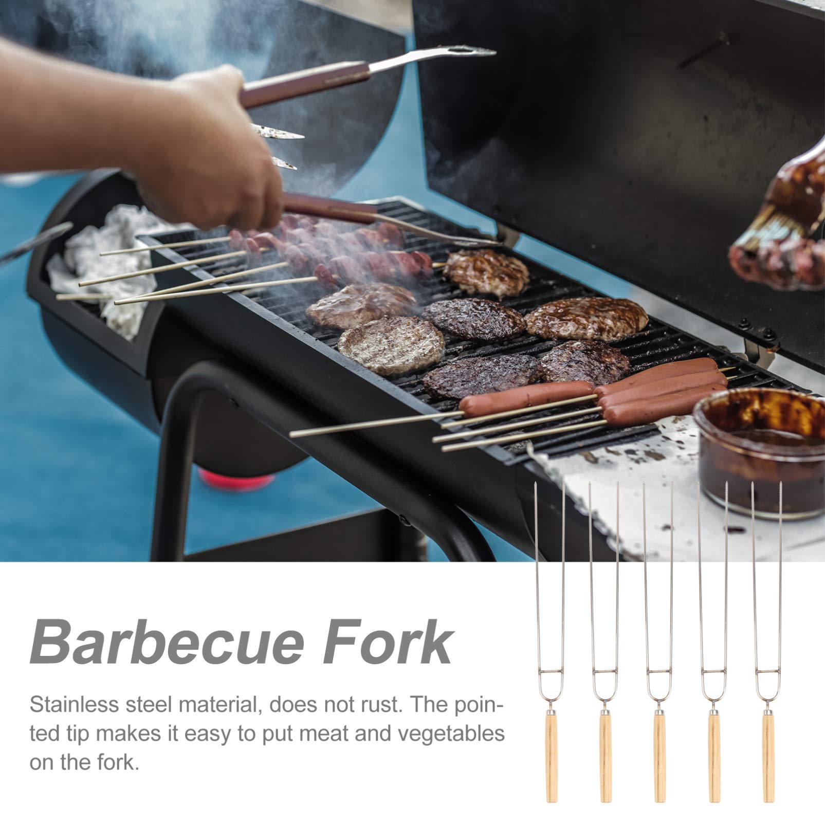Cabilock 5-Piece Stainless Steel BBQ Forks Set - Wood Handle Barbecue Skewers & Meat Forks for Grilling, Camping, and Outdoor Cooking - Durable BBQ Cooking Tools for Steak, Chicken, and Vegetables
