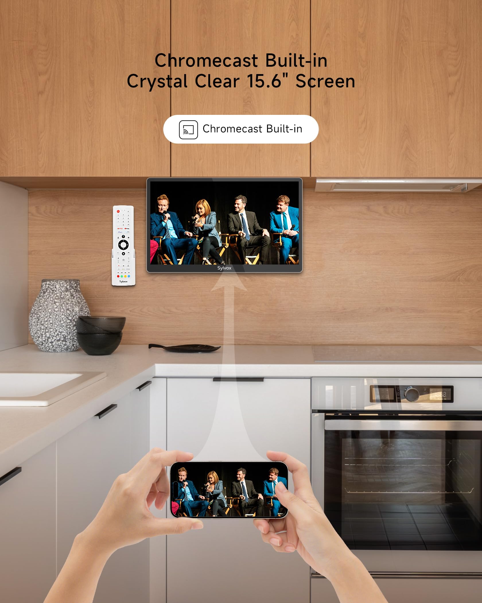 SYLVOX 15.6 Inch Smart Kitchen TV - Full HD 1080P Under Cabinet Television with Google OS, Voice Remote, WiFi & Bluetooth - Perfect for Cooking Entertainment & Small Spaces