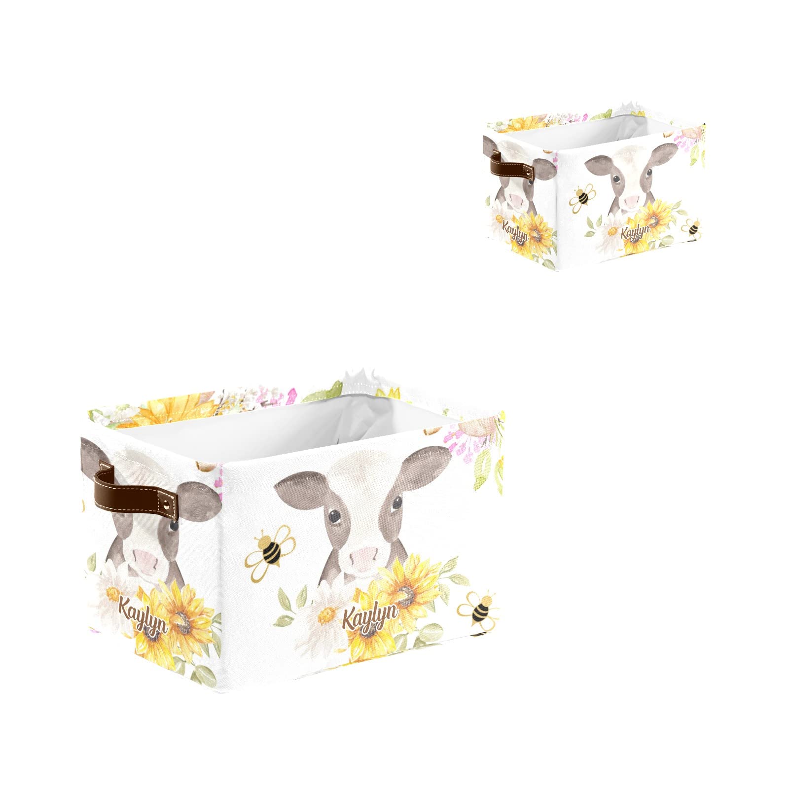 Personalized Farm Cow Sunflower Bee Storage Bins - Durable Handled Organizer Basket for Shelves, Wardrobe, Nursery & Toy Storage (1 Pack) - Perfect for Kids' Room Organization & Home Decor