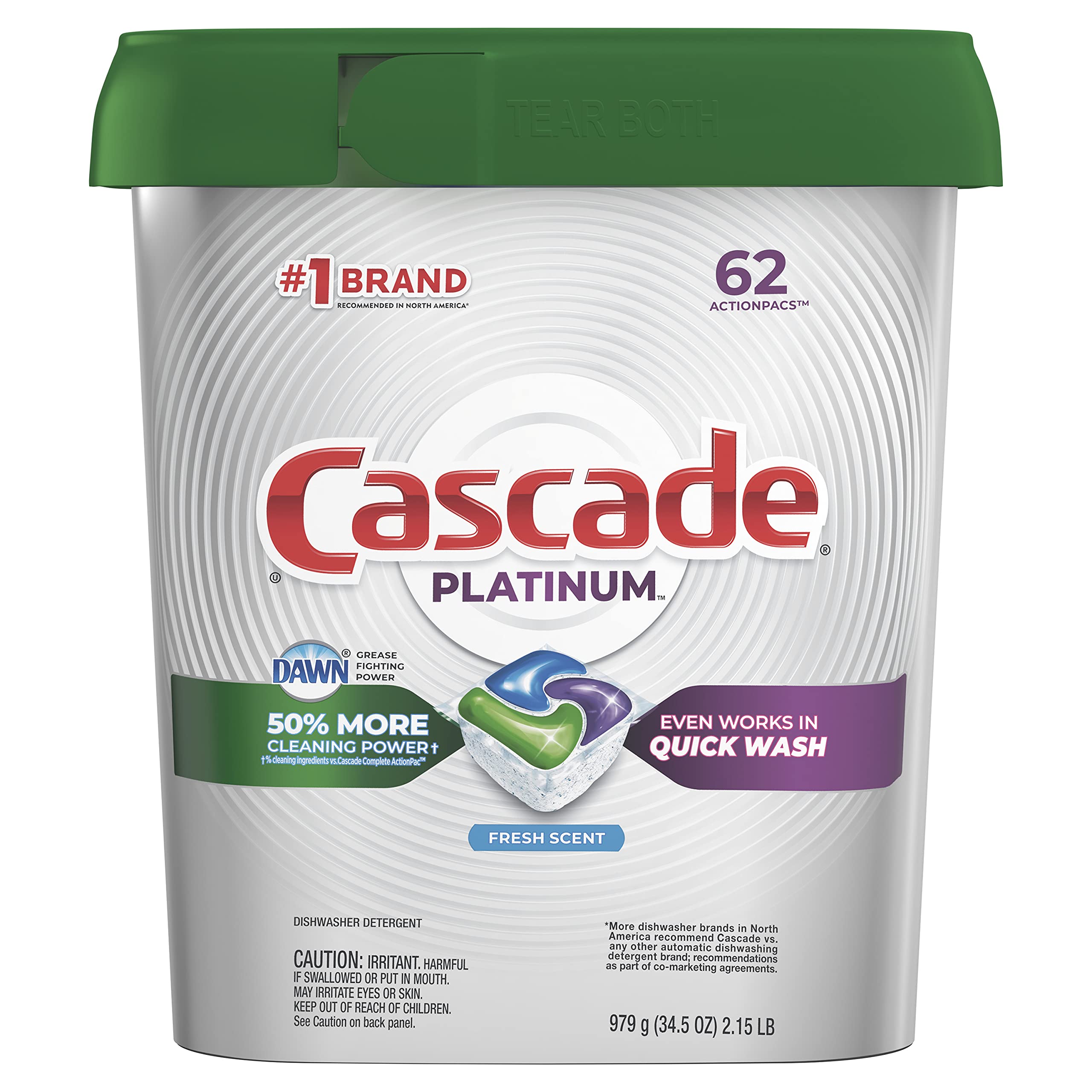 Cascade Platinum Dishwasher Pods 62 Count - Powerful ActionPacs Dishwasher Detergent with Built-in Cleaner, Fresh Scent | Deep Cleaning for Tough Stains, Grease & Food Residue | Perfect for Daily Use & Large Families