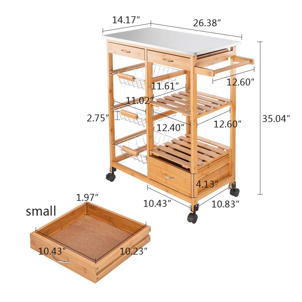 GT4-LY Detachable Kitchen Cart with Stainless Steel Table Top, 3 Drawers & 3 Baskets - Mobile Kitchen Island for Small Spaces, Living Room, Dining Room & Office Use - Perfect for Food Prep, Storage & Extra Counter Space