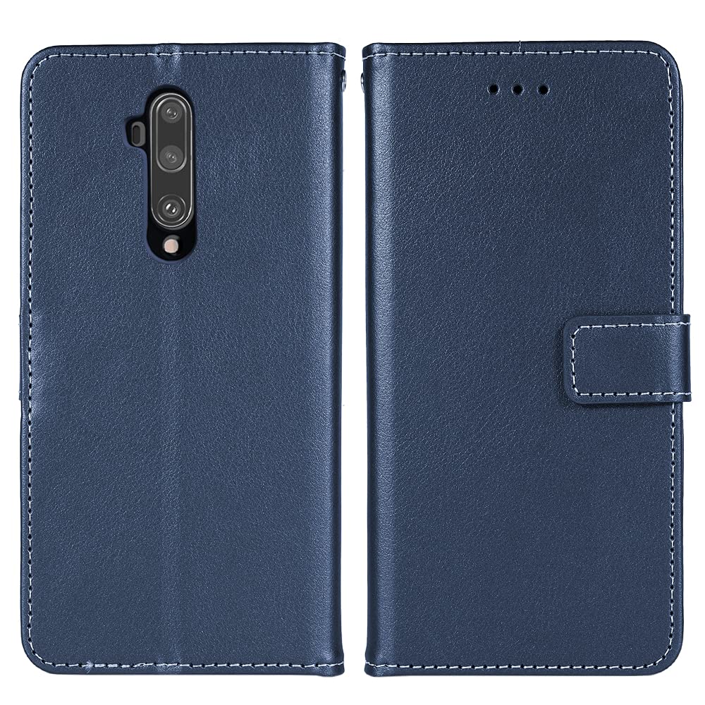 OnePlus 7T Pro Case Leather Wallet Flip Cover with Wrist Strap & Card Holder - Compatible with OnePlus 7T Pro 5G McLaren Edition (Blue) | Premium Protection & Hands-Free Convenience for Work, Travel & Daily Use