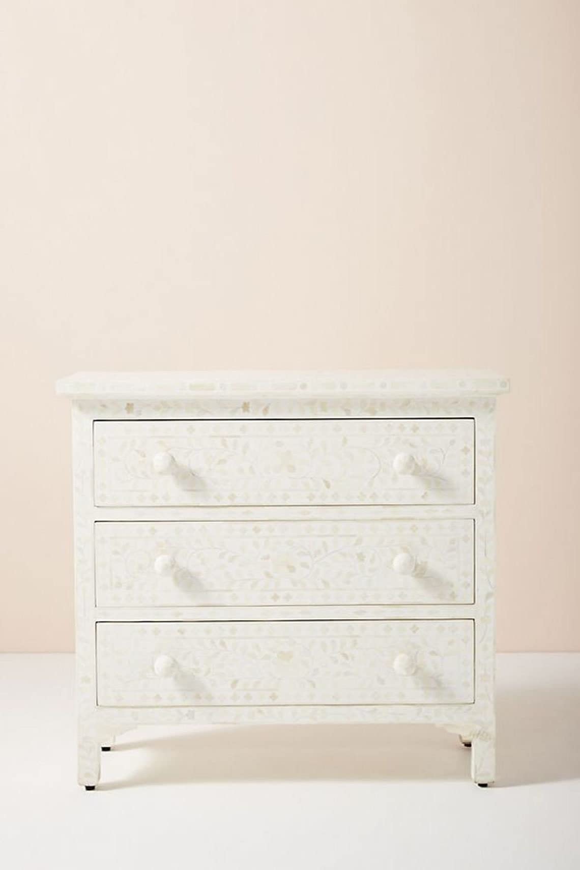 Floral Dresser with 3 Drawers - White Storage Cabinet for Bedroom & Hallway