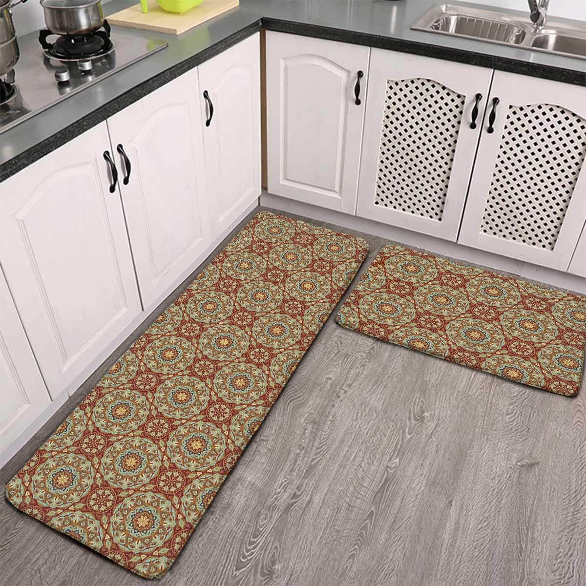Premium Non-Slip Microfiber Rug Set - Super Absorbent Kitchen & Bathroom Mats with Medieval Mosaic Design (17.7