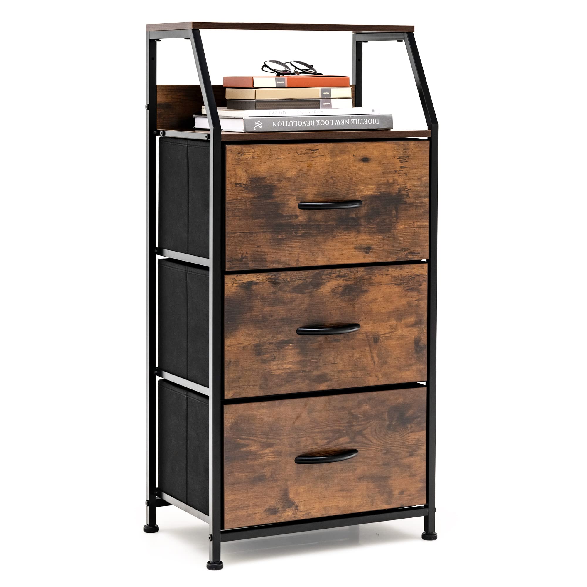 LOKO 3 Drawer Industrial Storage Cabinet with Fabric Drawers - Rustic Brown Dresser with Adjustable Footpads for Bedroom, Living Room | Nightstand, End Table, Side Table for Home Organization & Storage