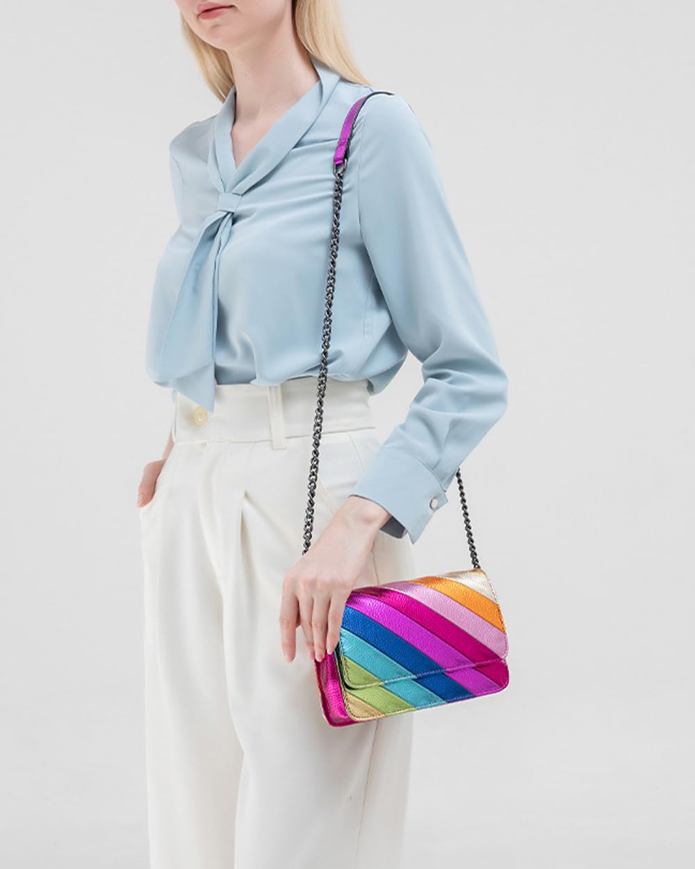 Rejolly Women's Rainbow Stripe Crossbody Shoulder Bag - Color Block PU Leather Purse with Adjustable Chain Strap | Fashionable Accessory for Casual Outings, Travel & Daily Use