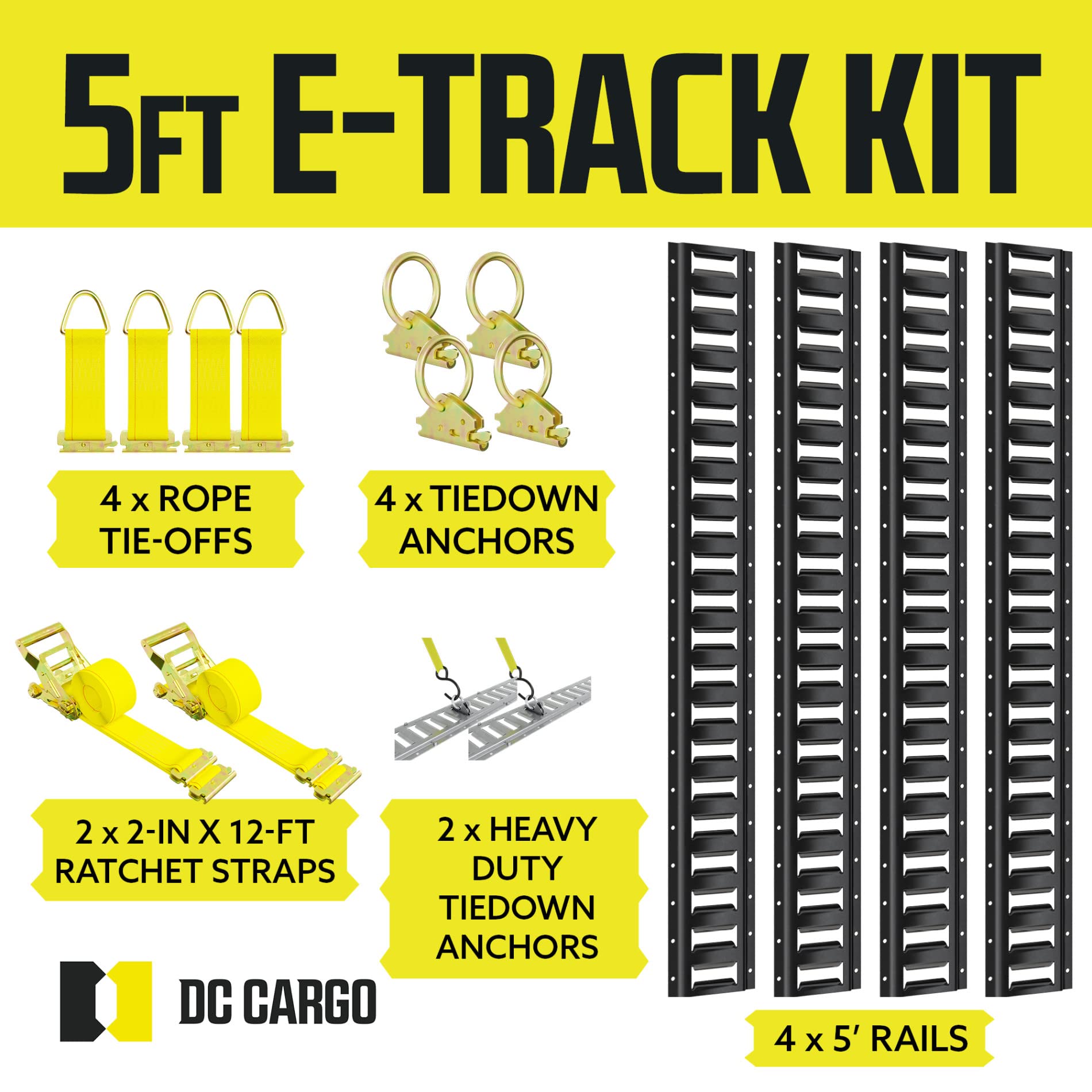 16PCS 5FT E-Track Tie Down Rail Kit - 4 Powder-Coated Rails, 12FT Ratchet Straps, O Rings & D-Ring Tie-Offs for Secure Cargo Transport - Perfect for Vans, Trucks & Trailers