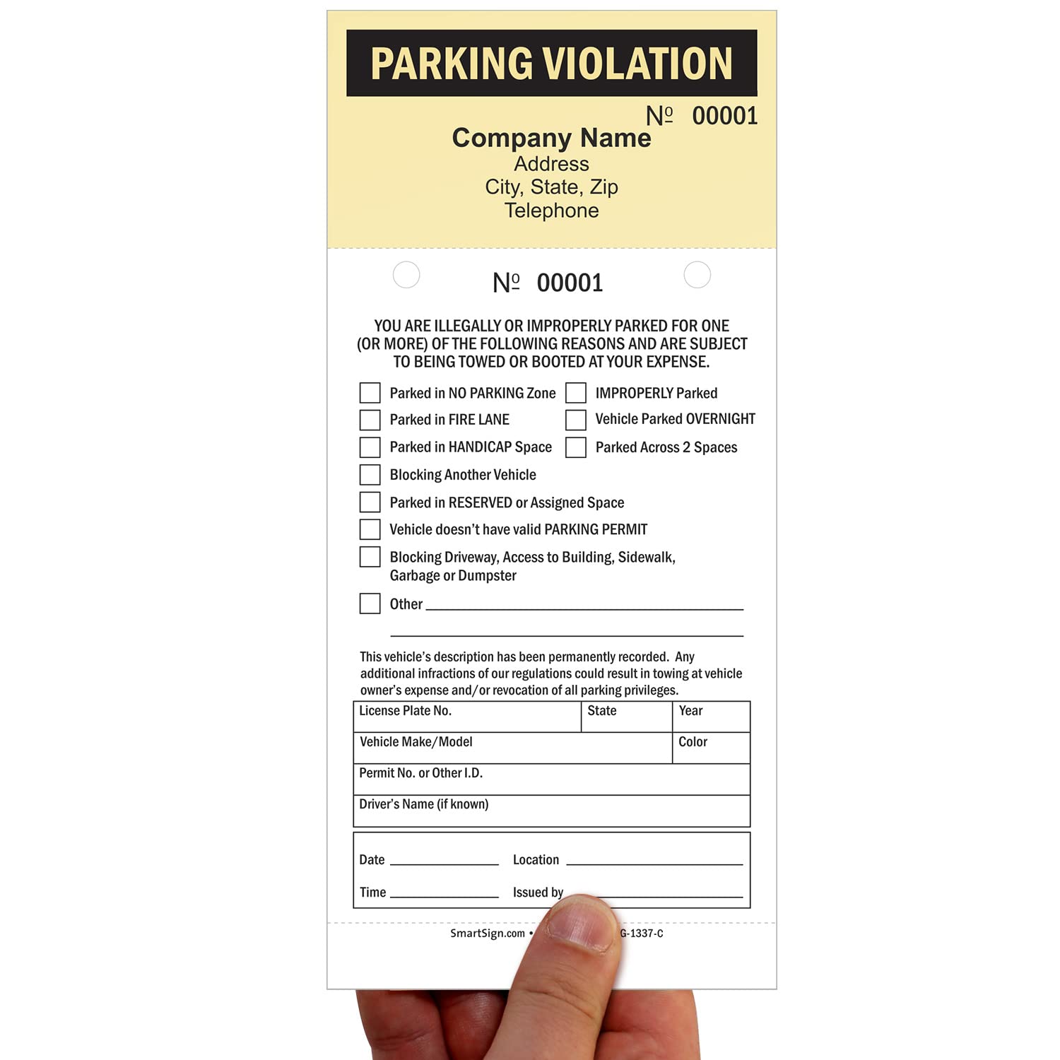SmartSign Custom Parking Violation Ticket (Pack of 50) - Personalized with Your Company Name & Contact Info - 9.25