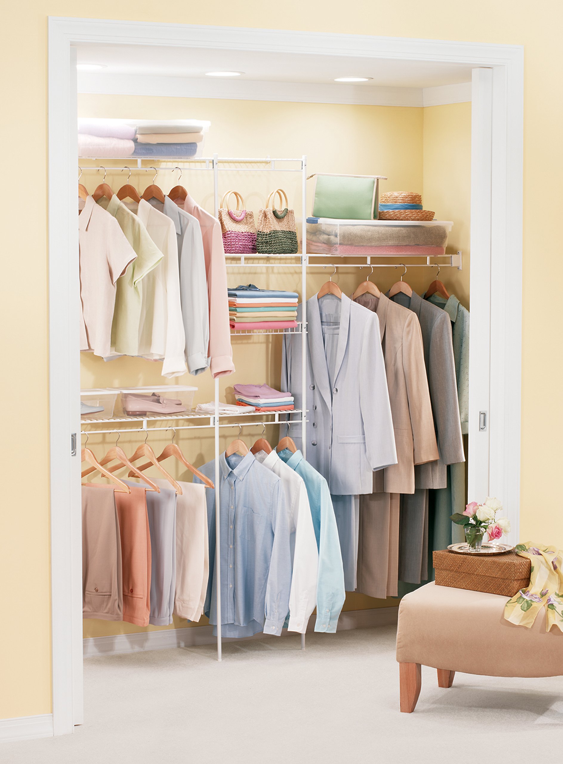 Rubbermaid Adjustable Wall Mount Closet Shelf System - 6.5 to 8 Feet, White Wire Shelving with Hardware Kit Included - Perfect for Home Organization, Laundry Room, Mudroom, Pantry & Linen Closet Storage Solutions