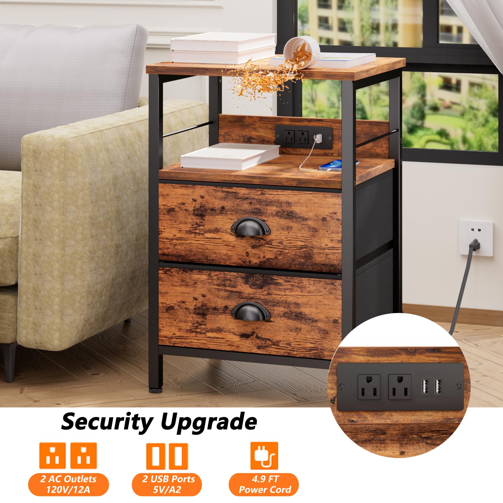 Furologee Nightstand Set of 2 - Rustic Brown Bedside Tables with Charging Station, USB Ports, 2 Fabric Drawers & Storage Shelf - Perfect for Bedroom, Living Room, or Guest Room - Ideal for Organizing Books, Lamps, and Charging Devices