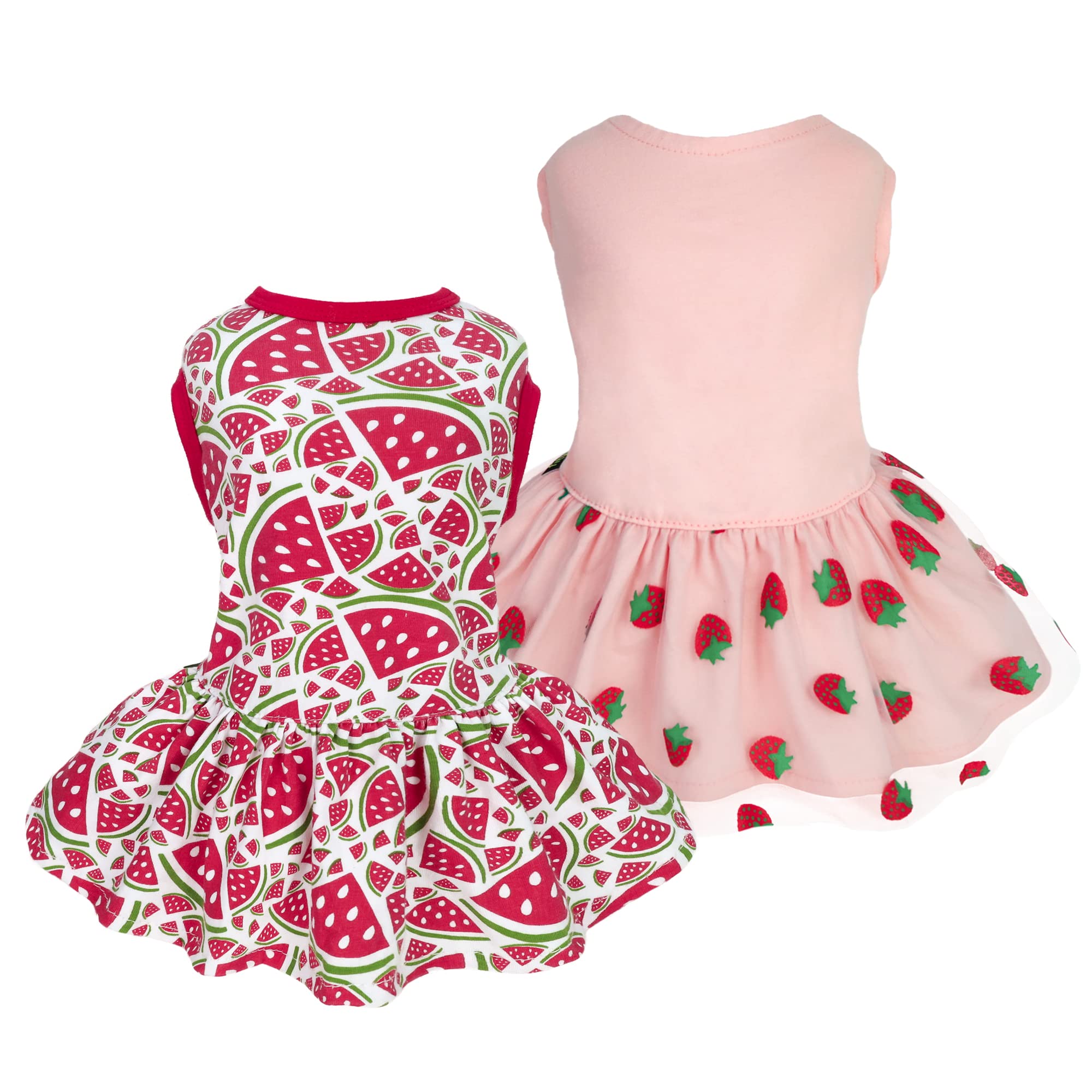 Fitwarm 2-Pack Summer Fruit Print Dog Tulle Dresses - 100% Cotton Pet Clothes for Small Dogs & Cats - Red & Pink Outfits - Perfect for Parties, Photos & Special Occasions