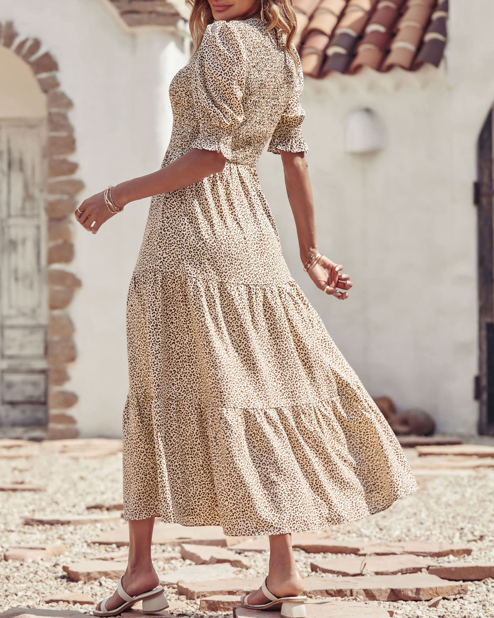 BTFBM Women's Casual Summer Floral Print Boho Maxi Dress - Crew Neck, Ruffle Short Sleeve, Smocked Waist, Flowy Design for Spring/Summer 2025 | Perfect for Beach Vacations, Date Nights & Boho Fashion Outfits