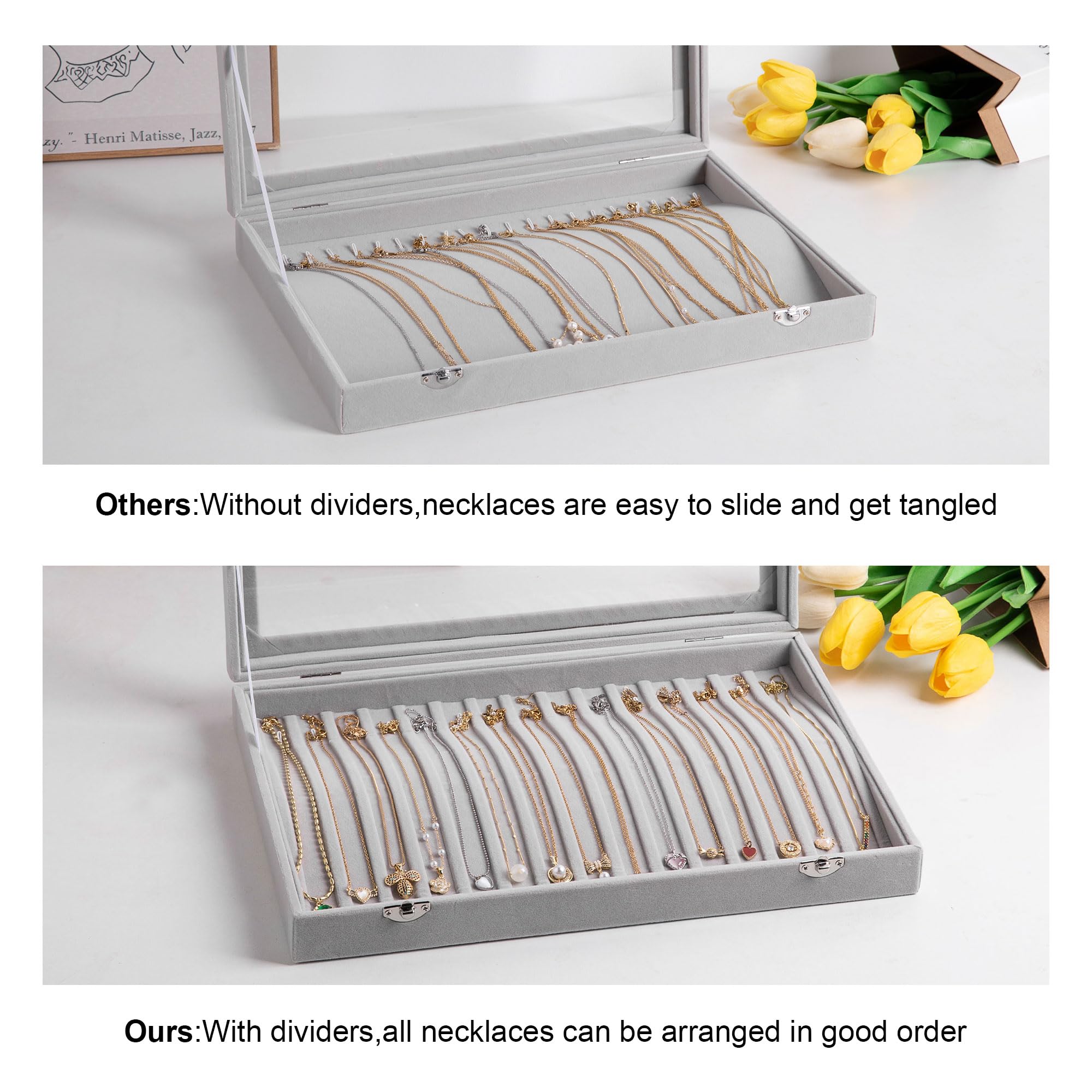 Frebeauty 15-Hook Velvet Necklace Organizer with Clear Lockable Lid - Jewelry Storage Box for Pendants, Chains & Necklaces - Perfect for Women & Girls (Black) | Ideal for Travel, Home Decor & Gift Giving