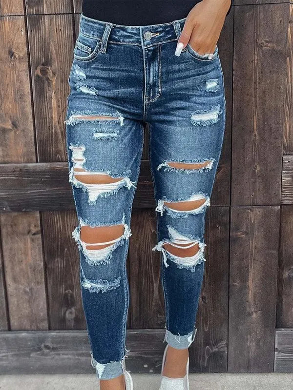 Women's Distressed Skinny Jeans with Fleece Lining - Comfortable Stretch Denim Pants for Winter, Casual Outfits & Everyday Wear