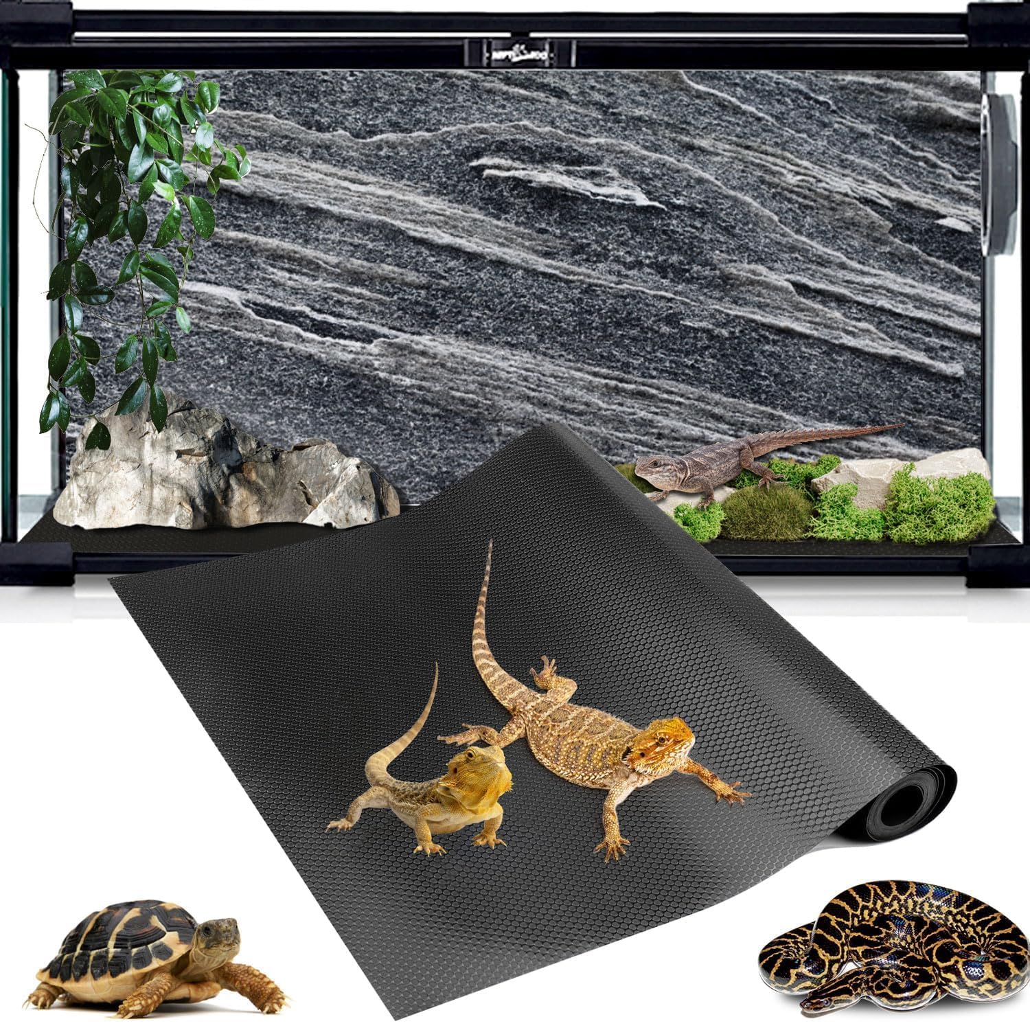 Premium Reptile Tank Accessories Set - Leopard Gecko & Bearded Dragon Terrarium Decor with Soft Pet Cushions & Black Carpet Substrate for Lizards, Iguanas, Snakes, Tortoises - Ideal for Reptile Habitat Setup & Tank Enrichment