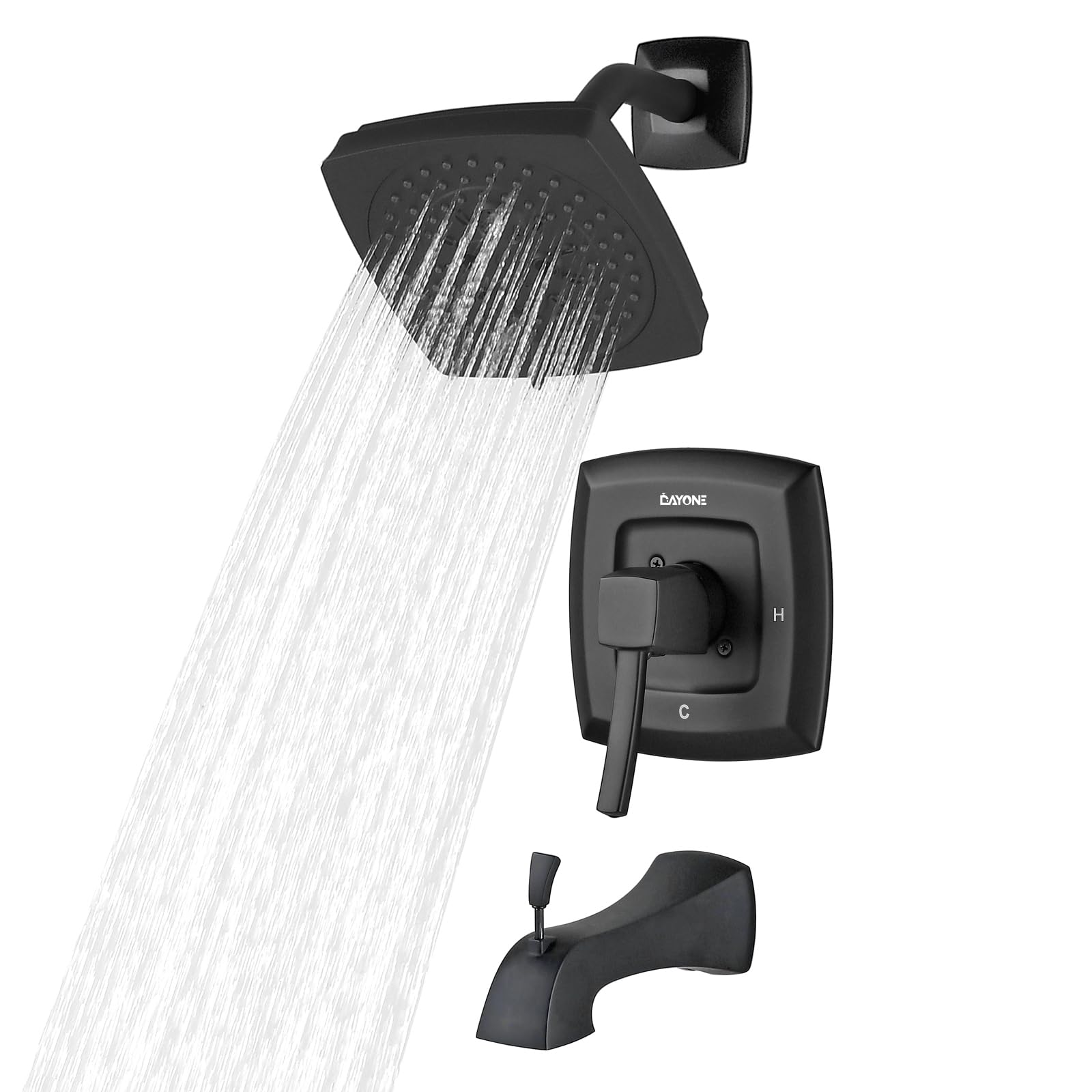 DAYONE Matte Black Bathroom Shower Faucet Set with Valve & Tub Spout - High Pressure 7-Function Shower Head, Single Handle Wall Mount Shower Trim Kit (DAY151MB) for Modern Bathroom & Spa-Like Shower Experience