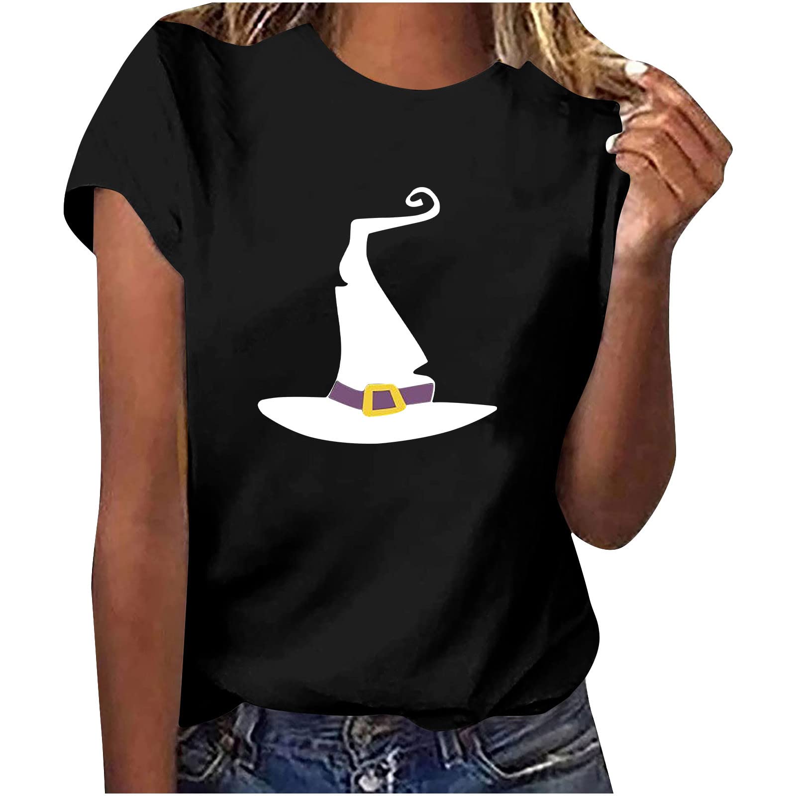 Vintage Halloween Graphic Tee Shirt for Women - Short Sleeve Crewneck Witch Hat Print T-Shirt - Casual Blouse for Halloween Party, Costume Contest & Spooky Season Outfits