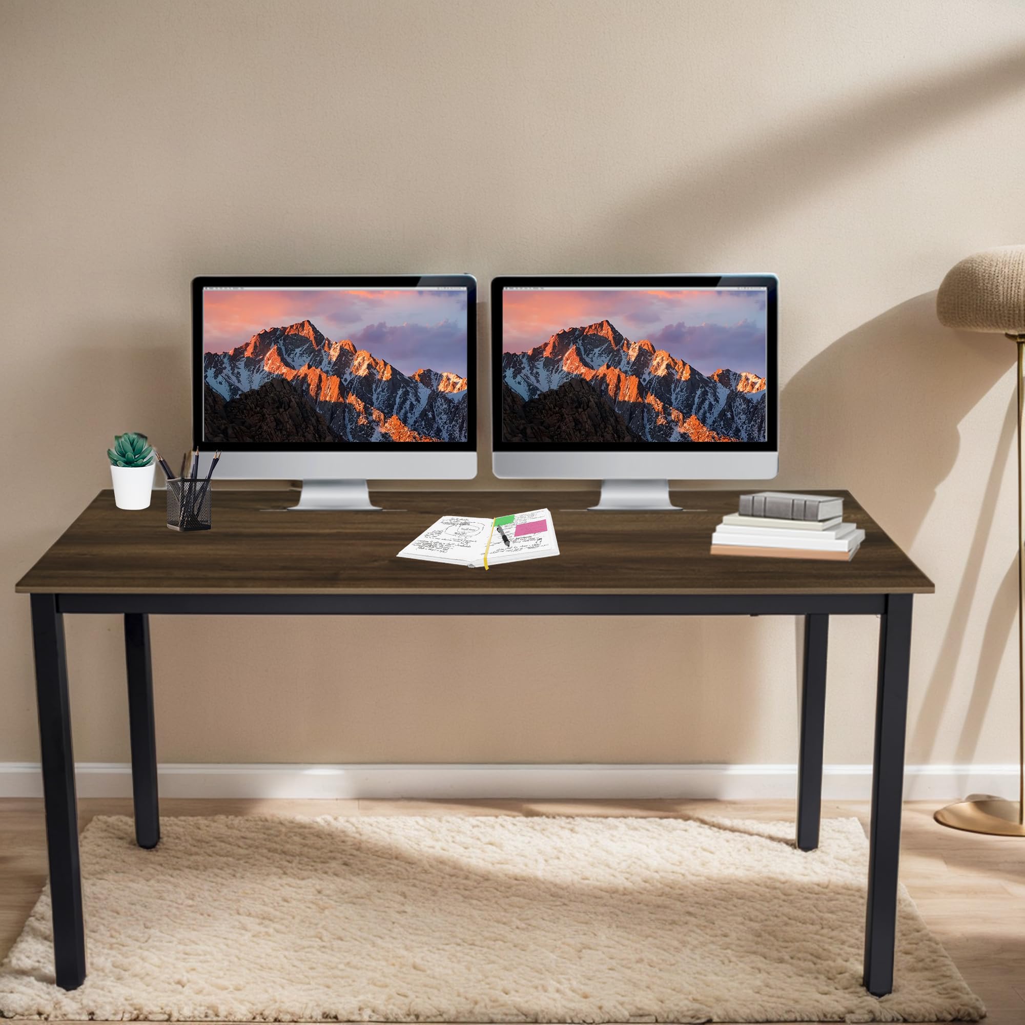 55 Inch Large Computer Desk Wood - Modern Simple Style Home Office Desk for Bedroom, Study & Small Spaces - Black Metal Frame with Walnut Top - Perfect for Remote Work, Gaming & Online Learning