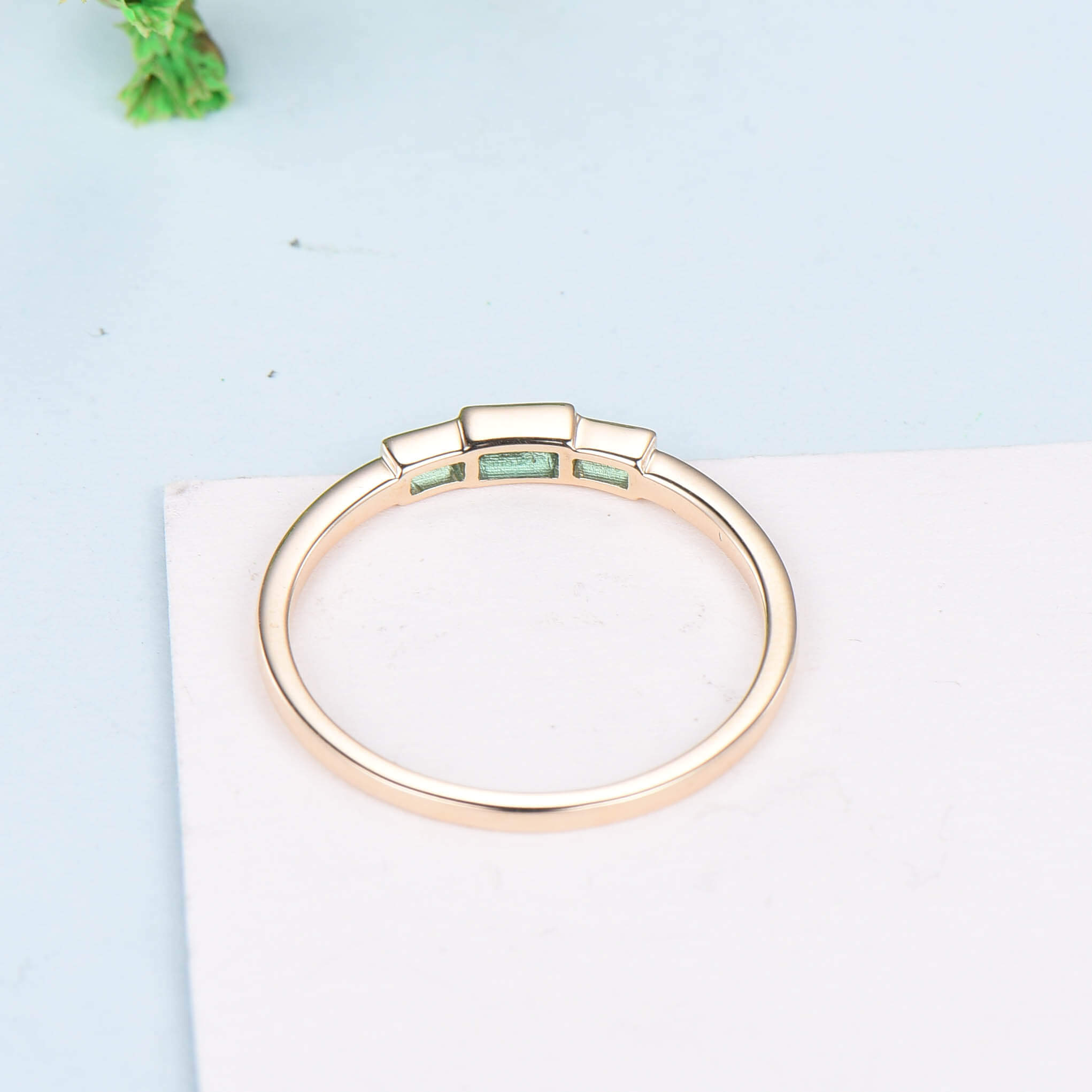 Bezel Set Baguette Emerald Wedding Ring - Three Stone Green Gemstone Promise Ring - Minimalist Stacking Dainty Ring - Birthstone Anniversary Gift for Her - Perfect for Engagement, Proposal, Valentine's Day & Special Occasions