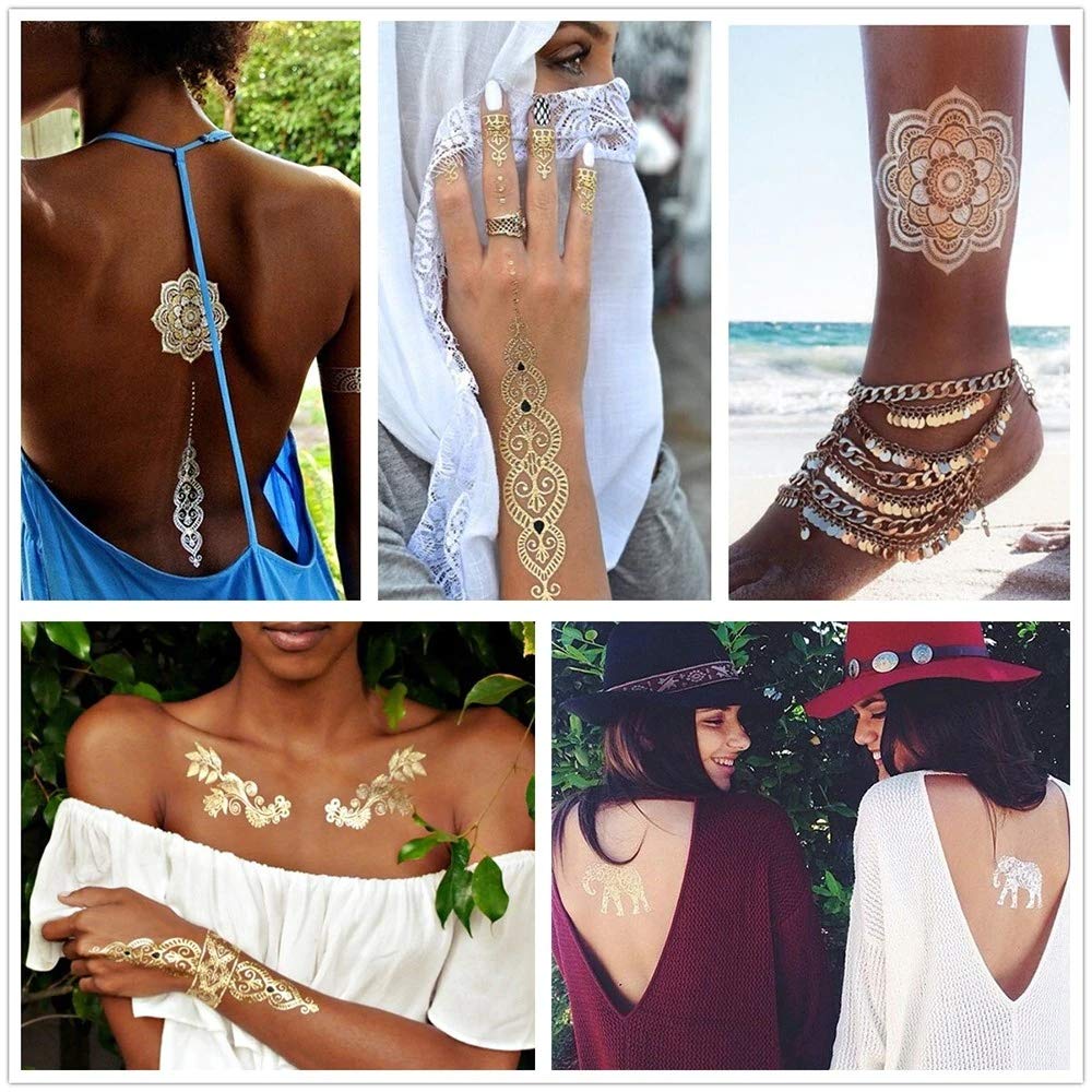 Golden & Silver Metallic 3D Temporary Tattoo Sticker - Big Butterfly Design (21x15cm) for Body Art, Festival Makeup, Costume Accessories & Hair Decoration - 1PC