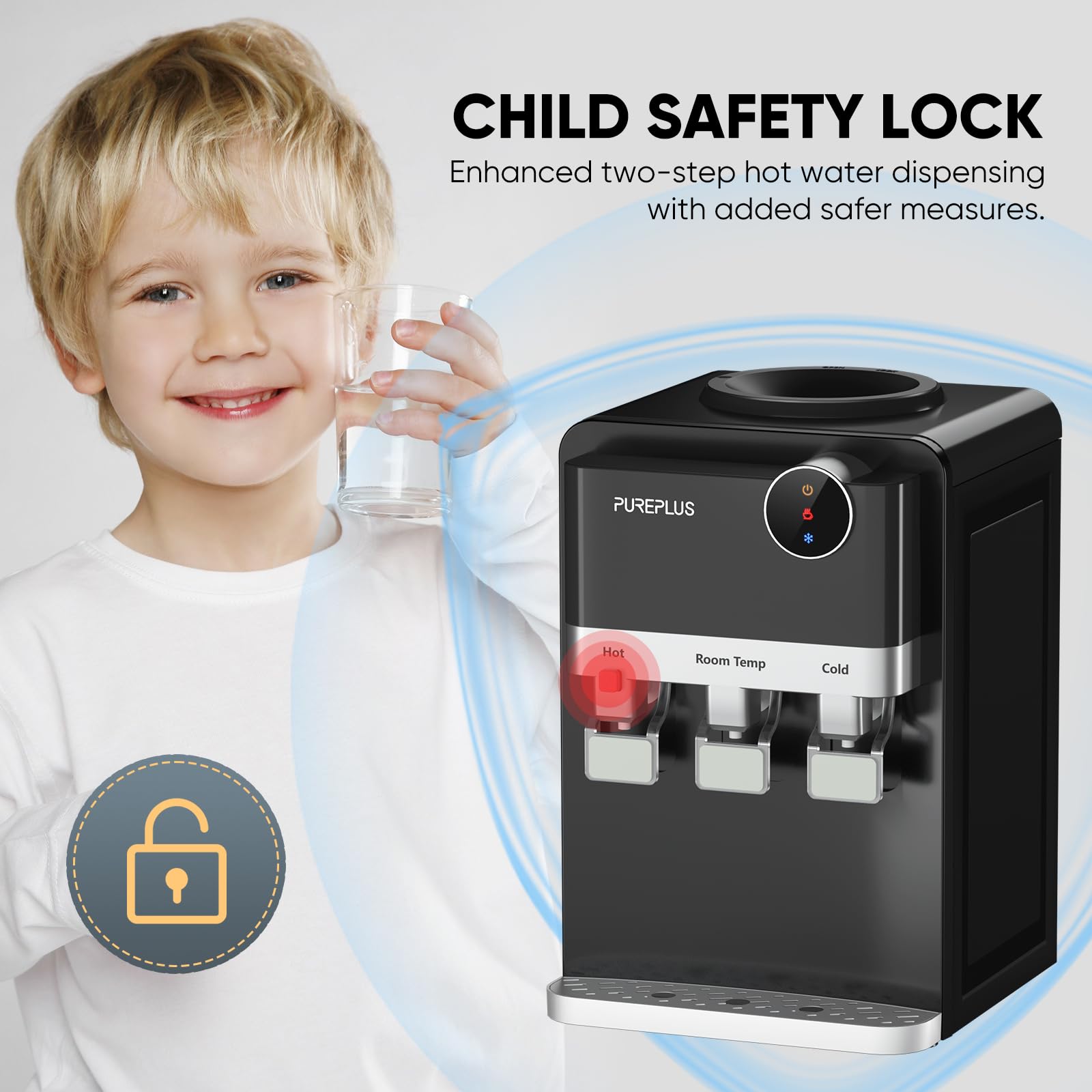 PUREPLUS Top Loading Water Cooler Dispenser with Hot & Cold Water - 3 Temperature Settings, Child Safety Lock for Home & Office - Countertop Water Fountain for 3/5 Gallon Bottles, Removable Drip Tray - Perfect for Kitchen, Break Room, Dorm & Office Hydration