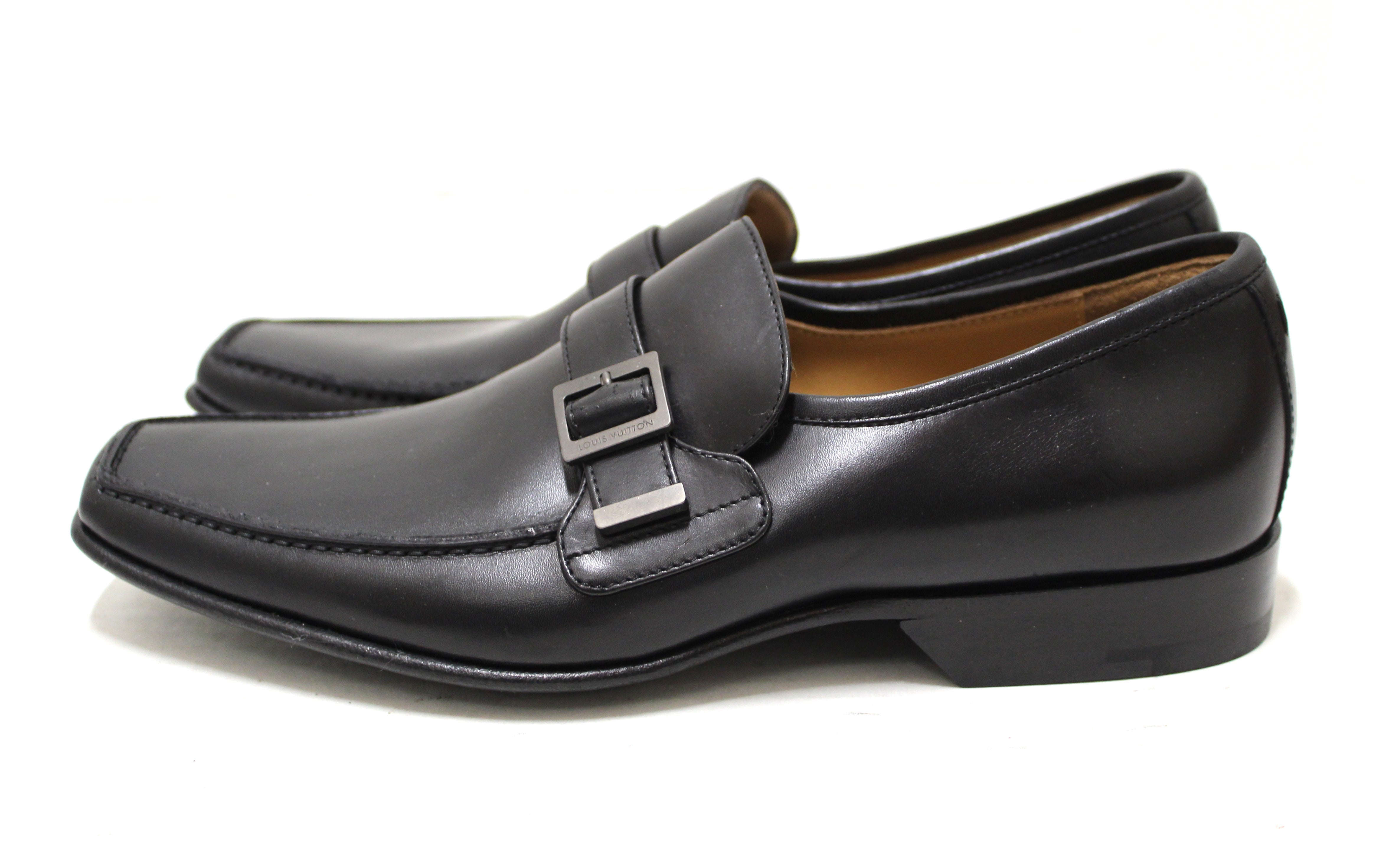 Authentic Louis Vuitton Men's Black Leather Loafers Dress Shoes - Size 6 UK (7 US) - Classic Buckle Design for Business & Formal Occasions
