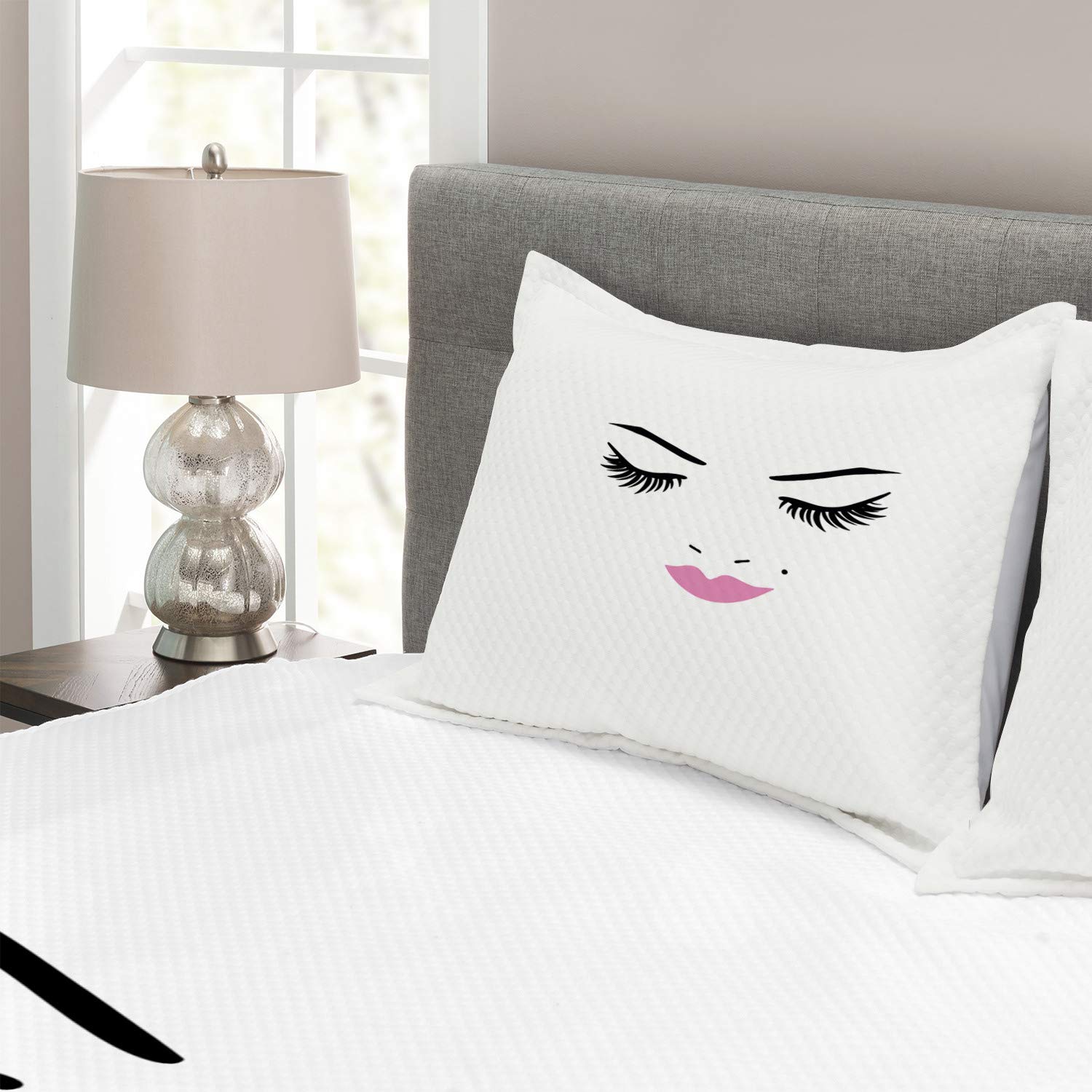 Ambesonne 3-Piece King Size Bedspread Set with 2 Pillow Shams - Pink Lipstick & Eyelash Glam Makeup Design in Fuchsia, Black & White | Feminine Beauty Bedding for Women's Bedroom Decor