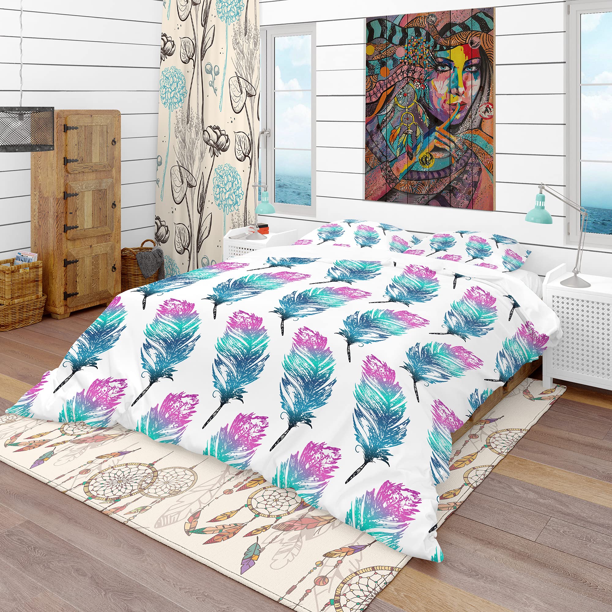 Hand Drawn Feathers Duvet Cover Set - Purple Queen Size 3-Piece Bedding | Modern Contemporary All-Season Comforter Cover | Perfect for Master Bedroom, Guest Room & Dorm Decor